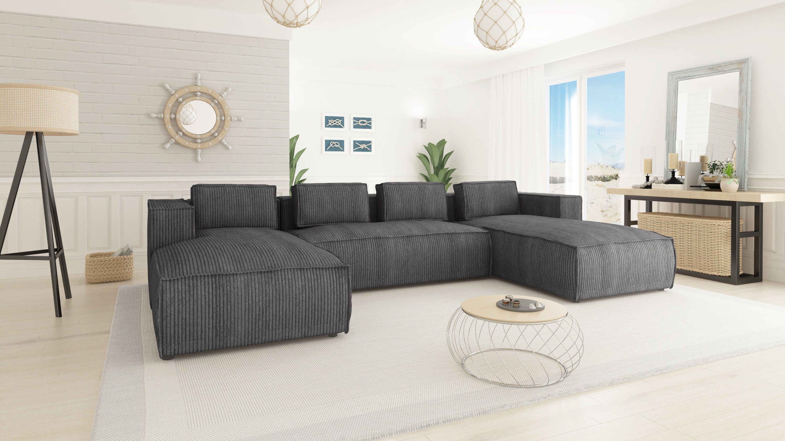 S-Style Möbel Ecksofa Cord Wohnlandschaft Renne, Die mane befindet sich auf zwei Seiten 3 Teile, mit Wellenfederung Grau