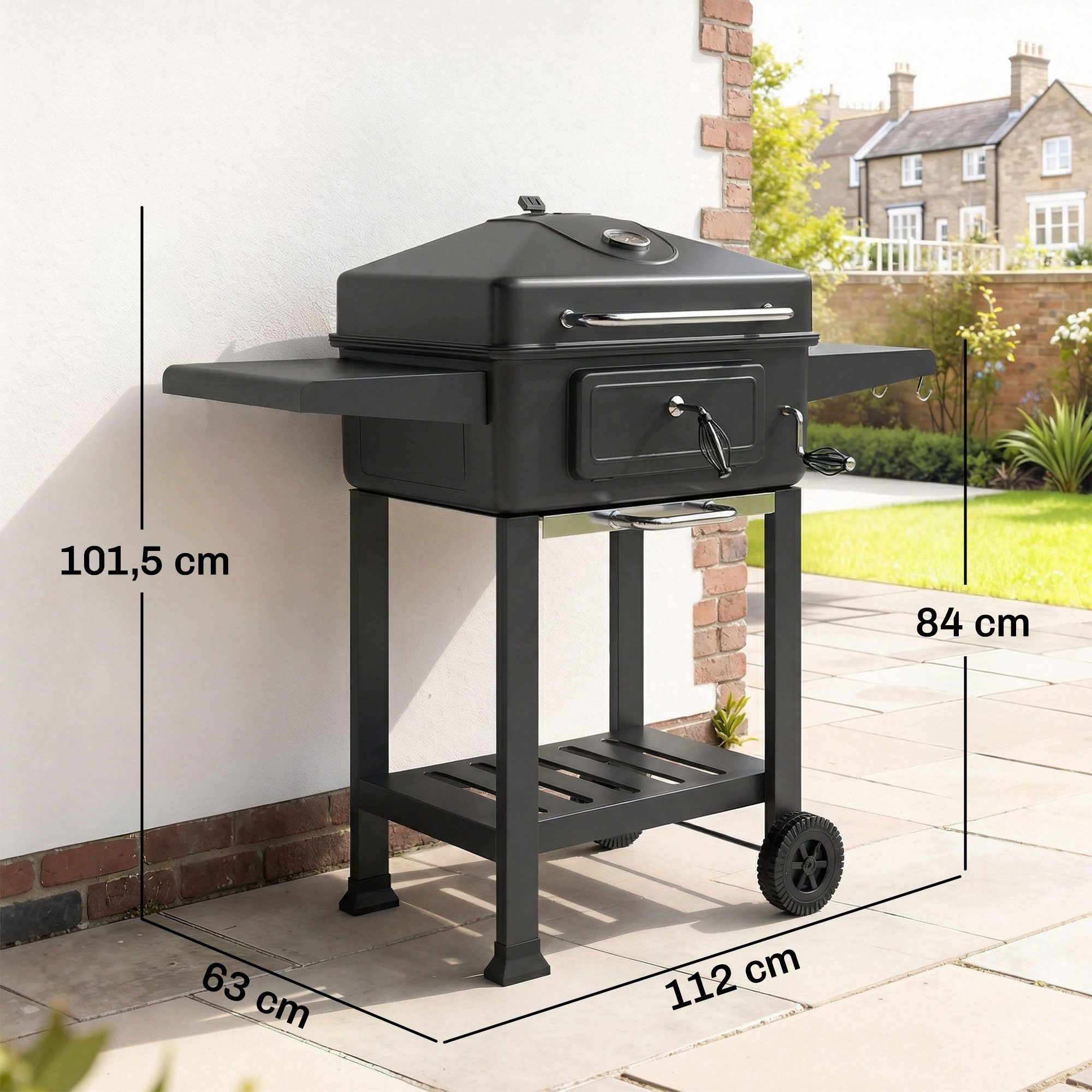 Outsunny Holzkohlegrill mit Deckel, Thermometer, höhenverstellbar Kohlepfanne, Seitentisch, BBQ Smoker, Grillwagen, für Camping Garten