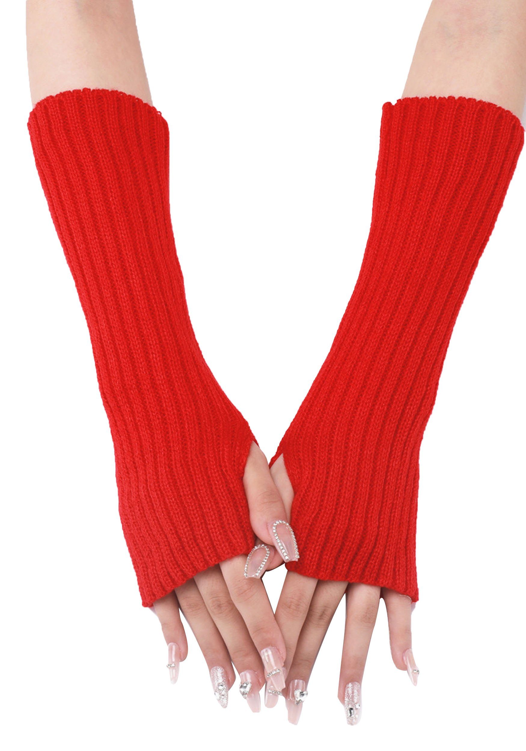 MAGICSHE Strickhandschuhe Lange Fingerlose Armwärmer Daumenloch Dehnbare Handschuhe für Frauen Rot