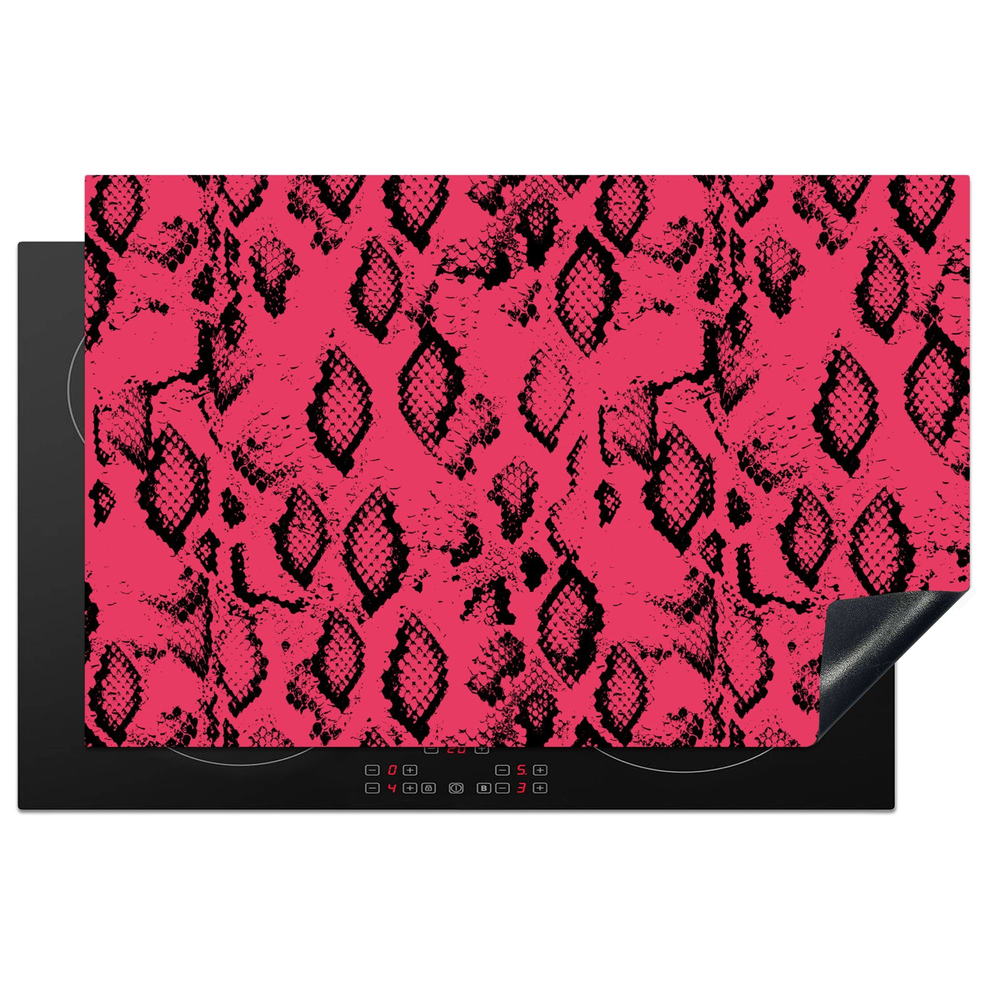 MuchoWow Herdblende-/Abdeckplatte Schlangendruck - Rosa - Schwarz, Vinyl, (1 tlg), 81x52 cm, Induktionskochfeld Schutz für die küche, Ceranfeldabdeckung