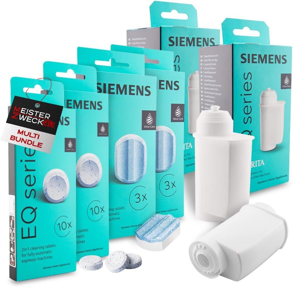 SIEMENS 2x Reinigungstabletten + 2x Entkalkungstabletten + 2x Wasserfilter Pflegeset (MEISTERZWECK4U, [- TZ80001 + TZ80002 + TZ70003 Reinigung, Entkalkung und Filter Pflegeset)
