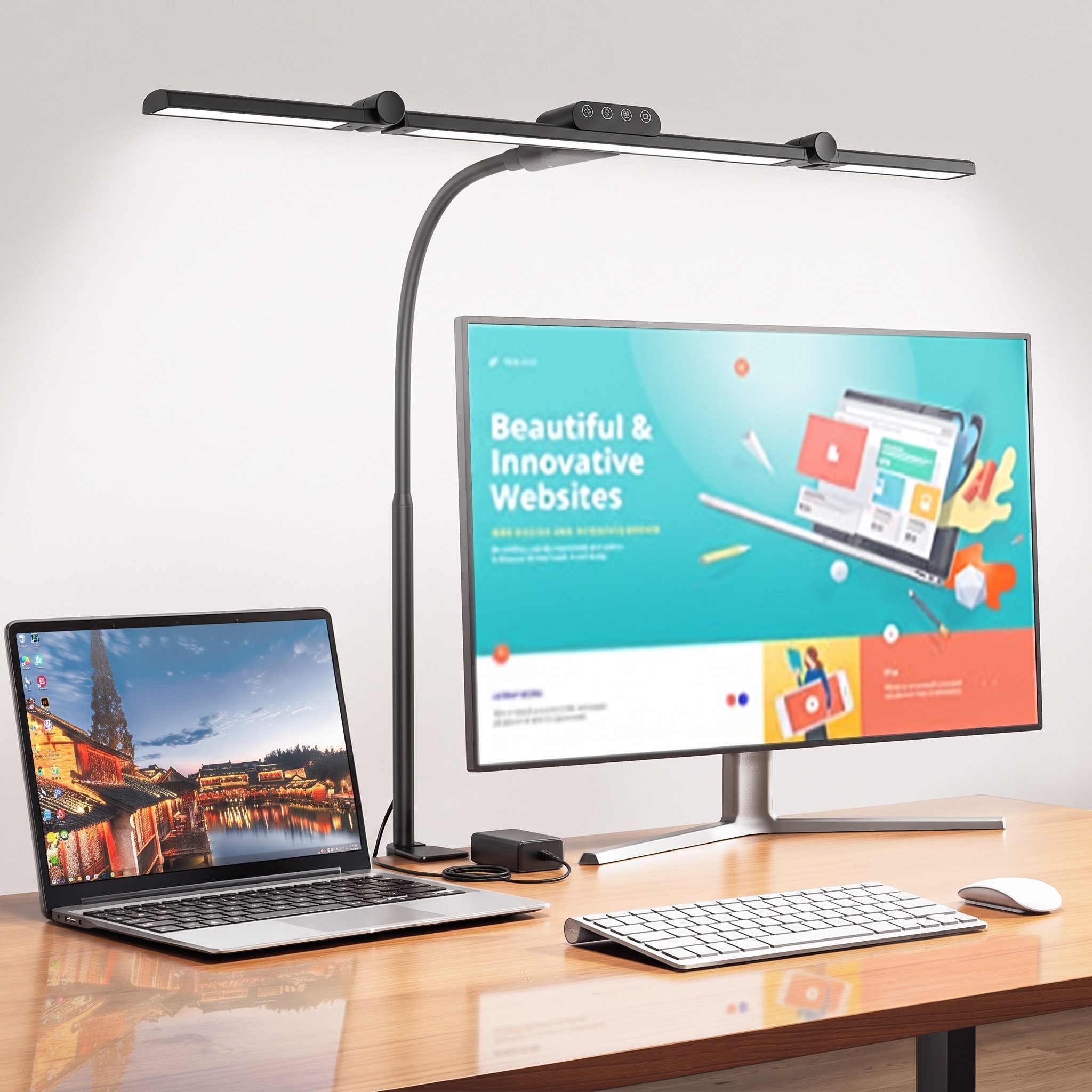 oyajia Schreibtischlampe Dimmbar LED Schreibtischlampe, 70cm Dreikopfe klemmbar für Home Office, LED fest integriert, Kaltweiß/Naturweiß/Warmweiß, Schwanenhals-Büro-Tischlampe, mit 5 Farbtemperatur-Helligkeitsstufen