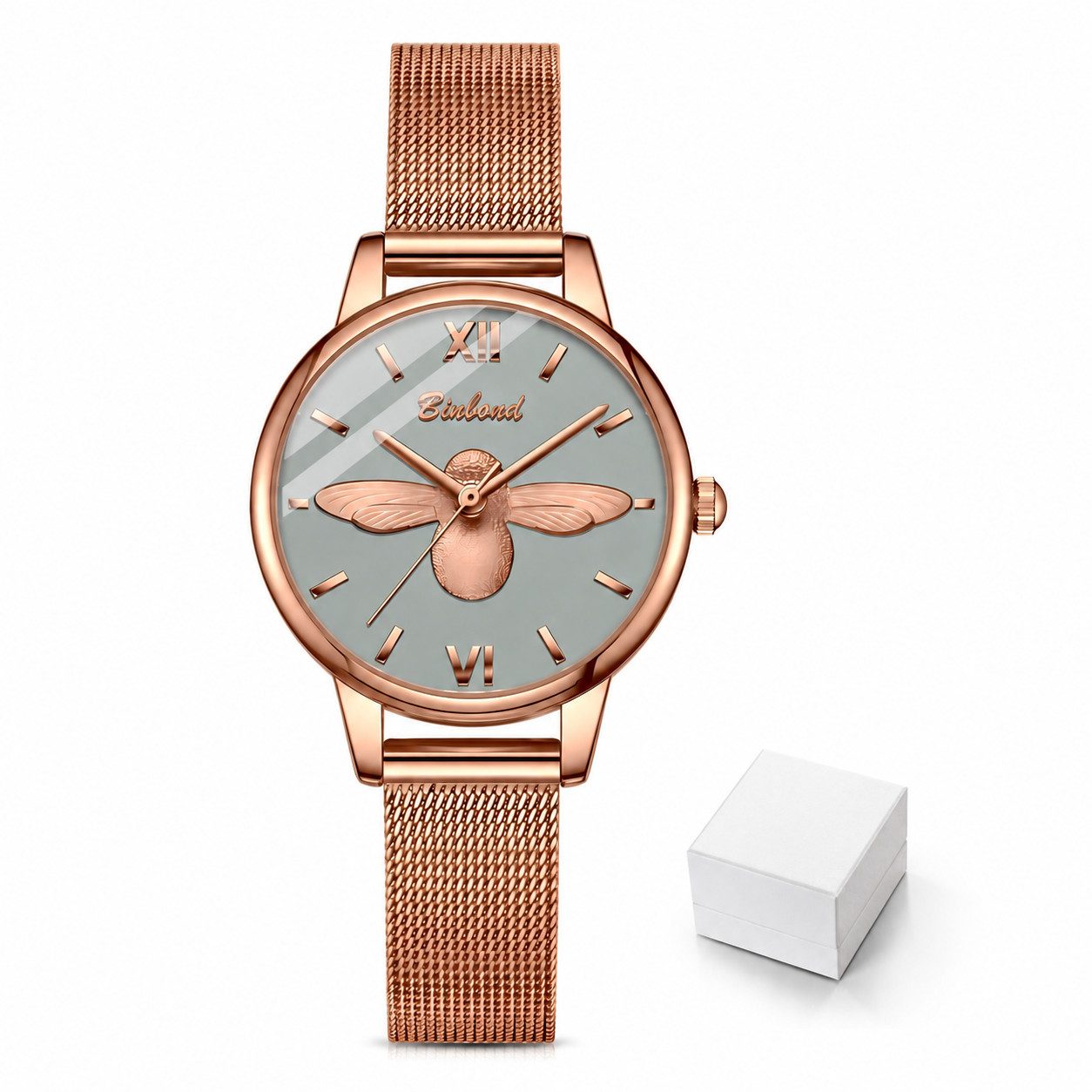 Fyrove Quarzuhr Damen Armbanduhr Quarz mit Bienen Motiv Roségold Mesh Armband, (Elegante Damenuhr, mit 3D Bienen Zifferblatt, Edelstahl Milanaiseband), 3ATM Wasserschutz und Geschenkbox