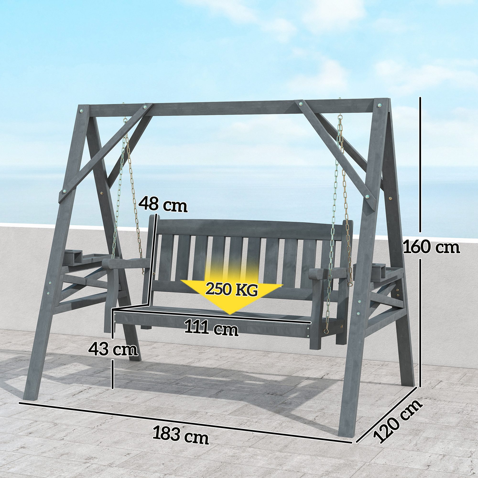 Outsunny Hollywoodschaukel Schaukelbank, 2-Sitzer, Schaukelfunktion, mit Ablage, Packung, 2 tlg., 2-teilig, mit Kette, Mit Ablagen und Getränkehalter, 2-Sitzer
