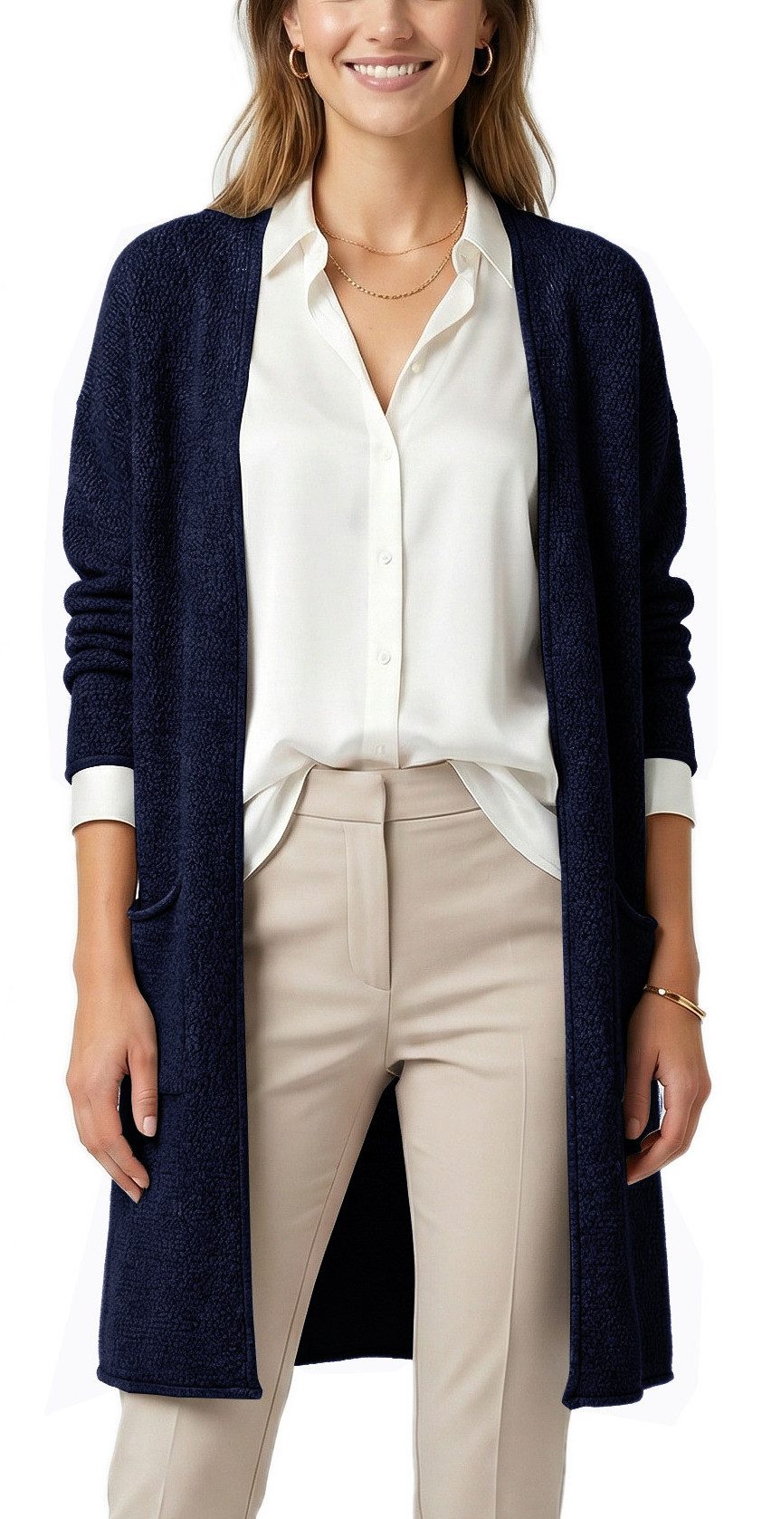 dy_mode Longstrickjacke Damen Strick Cardigan Langarm Strickjacke Langcardigan Übergangsjacke in Unifarben, mit aufgesetzten Taschen, Offen getragen
