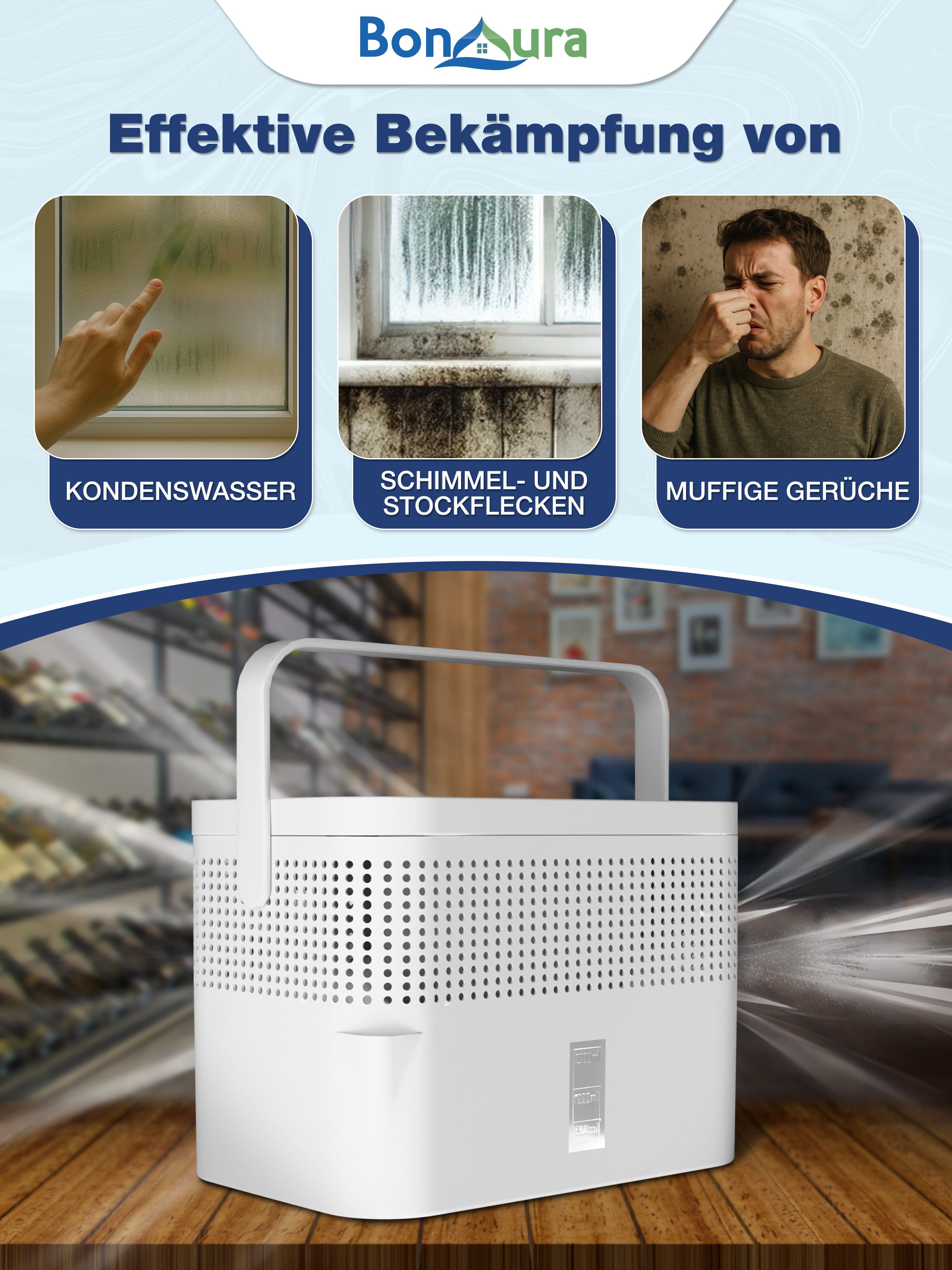 BonAura Luftentfeuchter ohne Strom, für 79 m³ Räume, Tank 2 l, 5 x 980g Gra günstig online kaufen