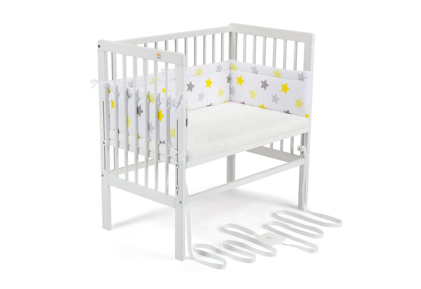 FabiMax Beistellbett Babybett Boxspring weiß lackiert, 90 x 55 cm Liegefläche, aus Buchenholz, Stufenlos höhenverstellbar 40-73 cm, Holz-Lattenrost
