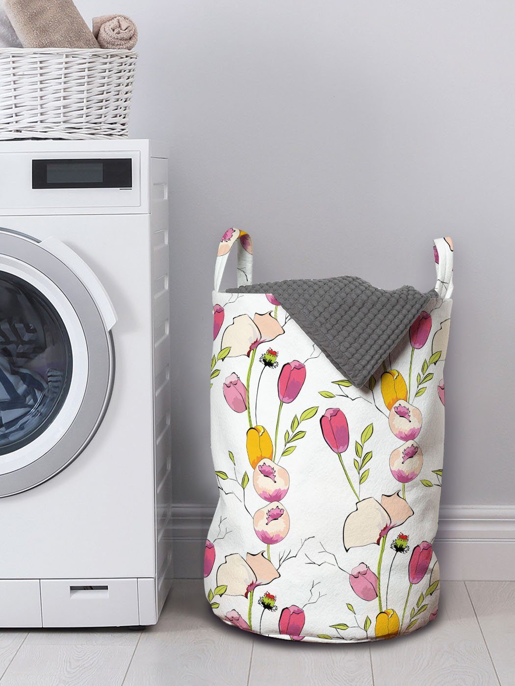 Abakuhaus Wäschesäckchen Wäschekorb mit und Waschsalons, Griffen Bunt für Mohnblumen Tulpen Kordelzugverschluss