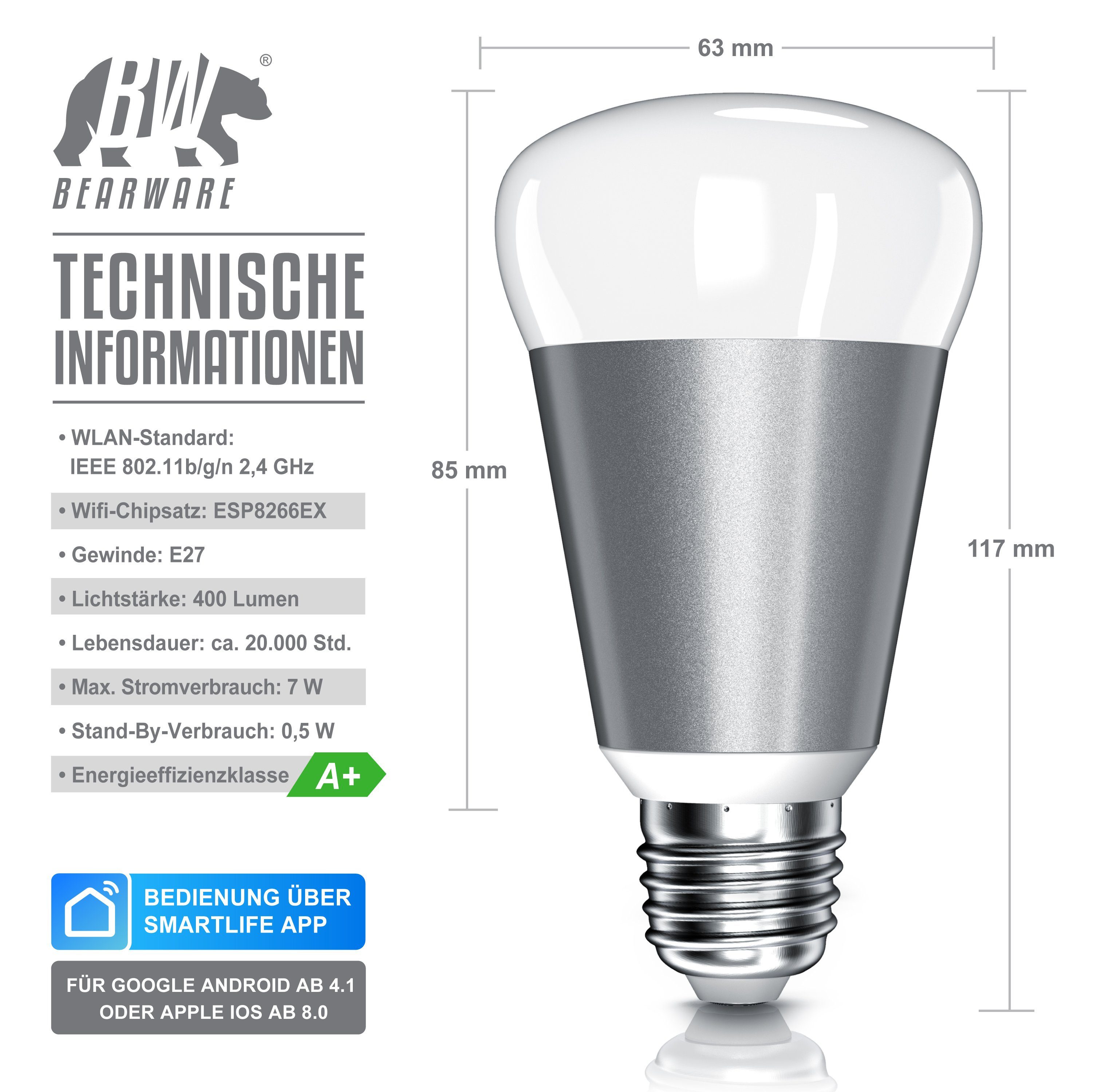 BEARWARE Smarte LED-Leuchte, dimmbar, Lumen RGB 420 Lampe, E27-Gewinde, Wifi Smart 7W, Farbwechsel