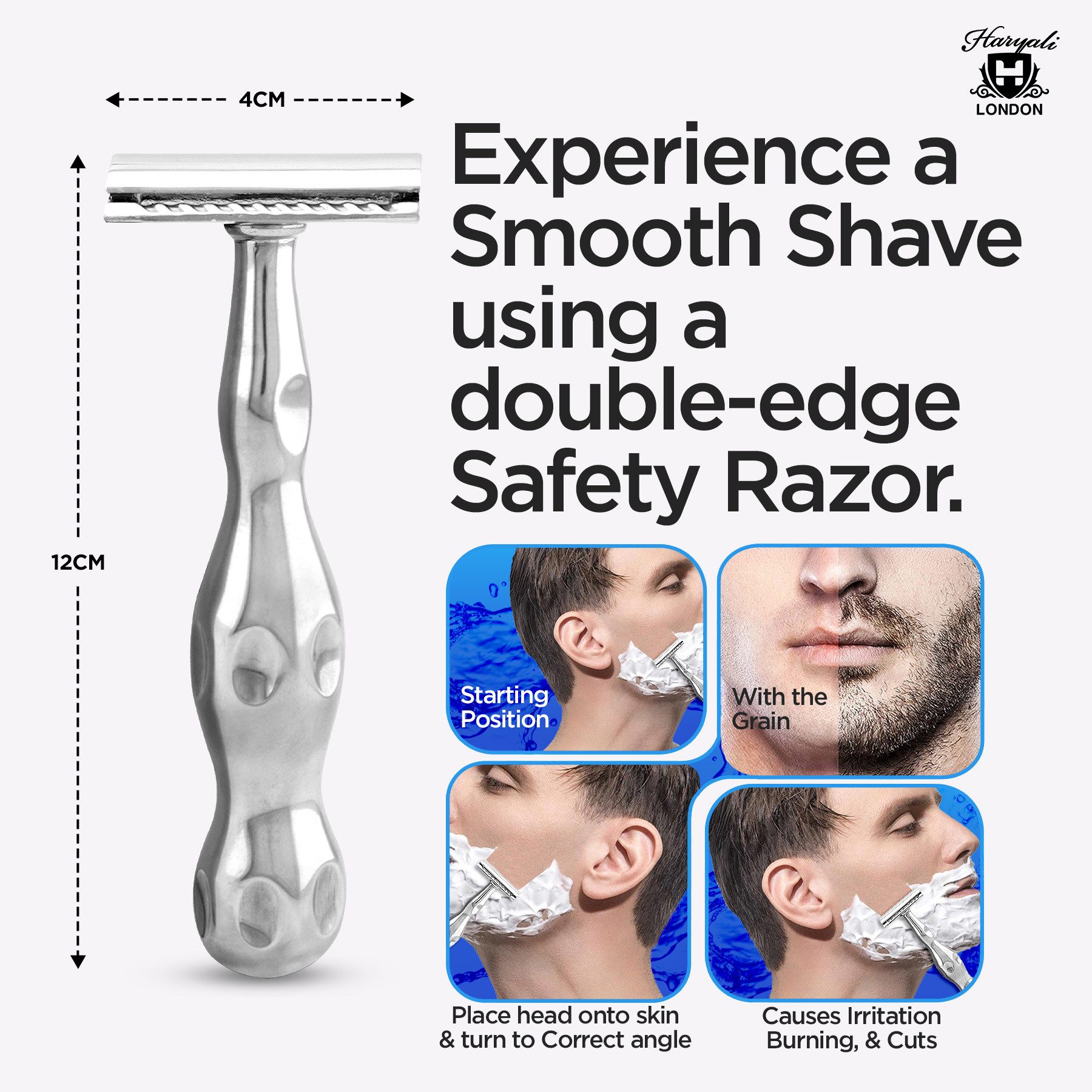 Haryali London Nassrasierer Zweischneidiger Rasierhobel für Unisex, Edelstahl, ergonomisch, Pack, Non-slip stainless steel razor with two replacement blades, Geeignet für alle Arten von zweischneidigen Rasierhobelklingen