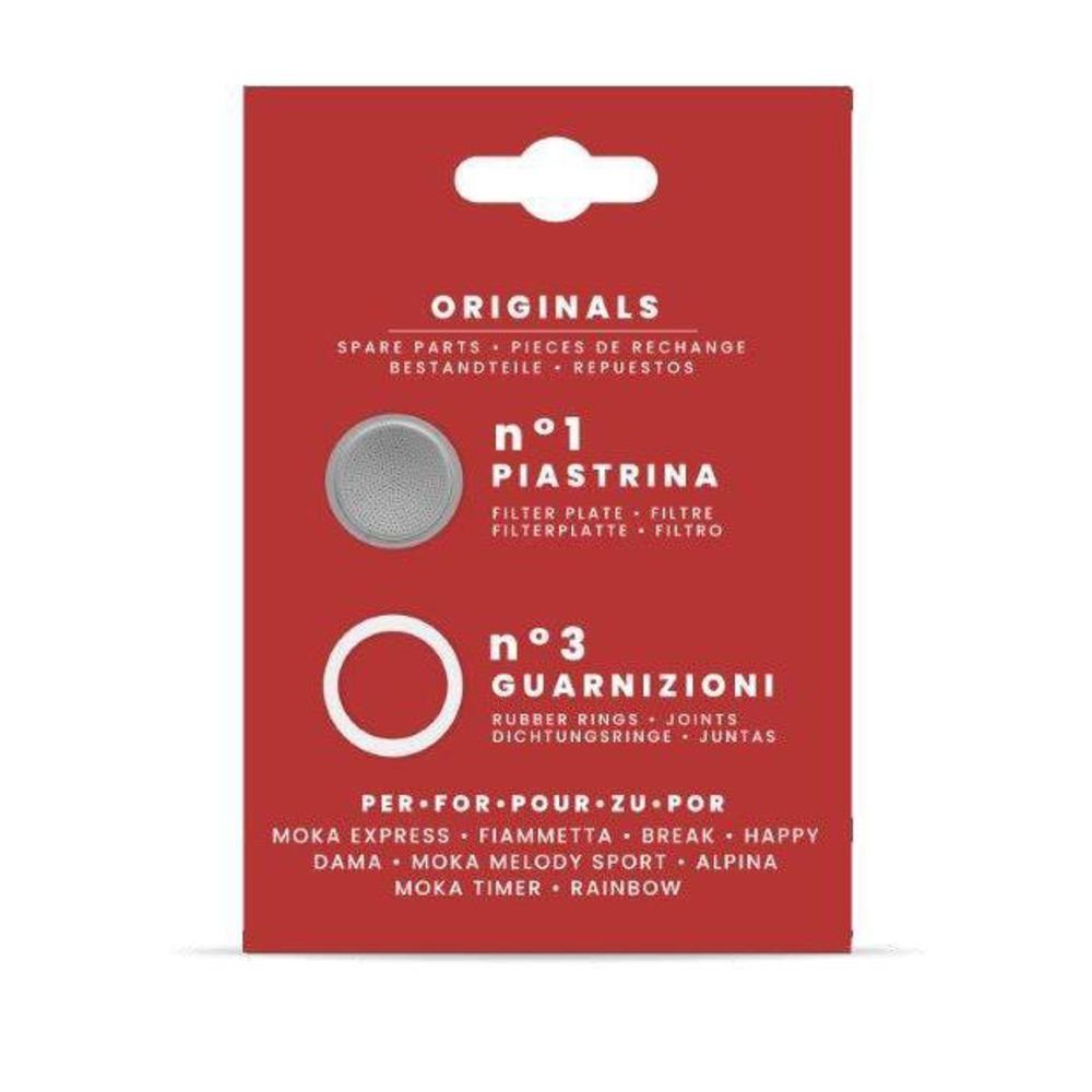 BIALETTI Dichtungsring GASKET + 1 FILTER 3/4 CUPS, 3er Set, aus Kautschuk, mit 1 Filtersieb, geeignet für Moka Express, Rainbow, Fiammetta