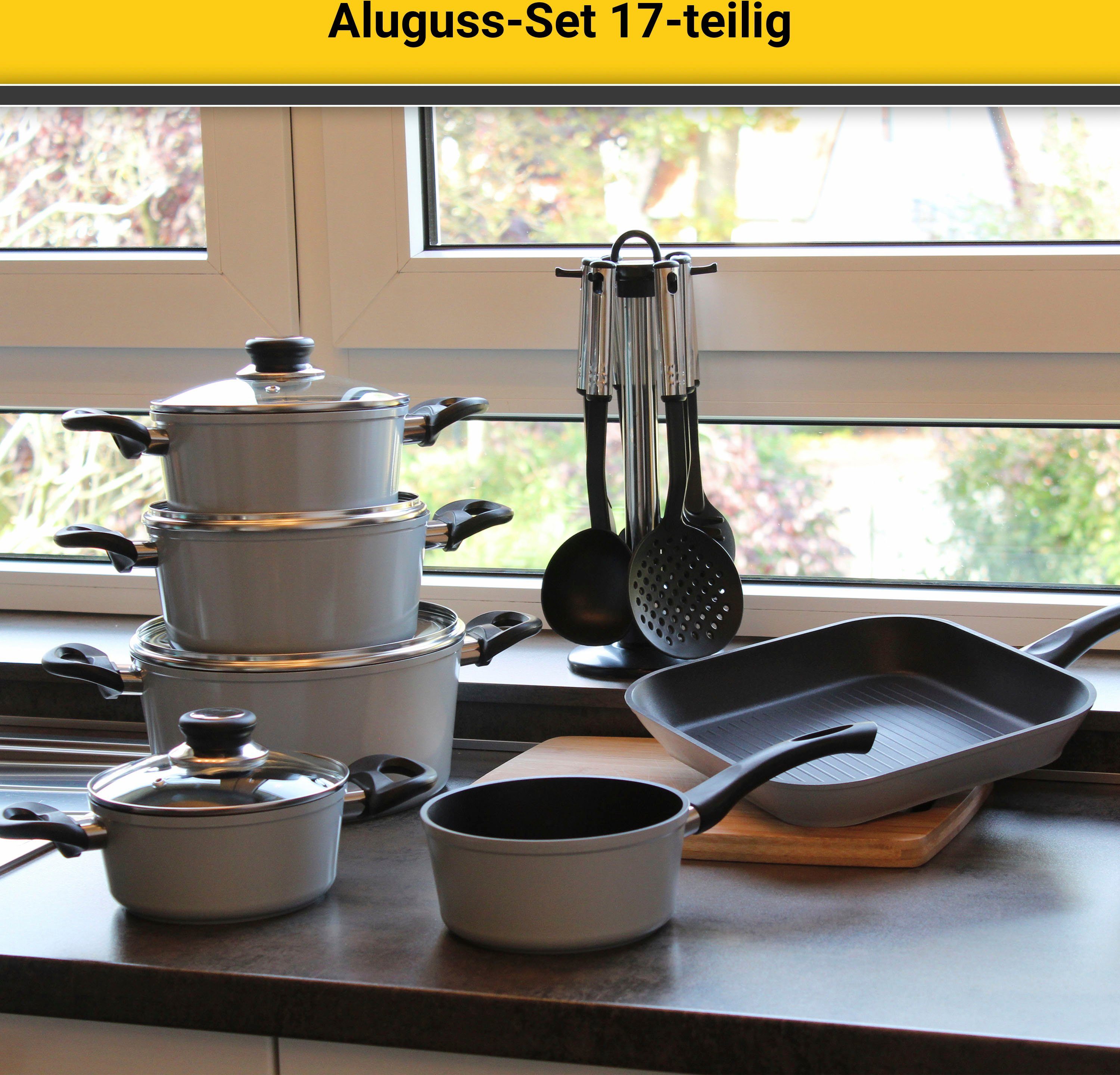 Krüger Topf-Set Aluguss Topf- und Pfannenset inkl. praktischen Küchenhelfern, 17 tlg., Aluminiumguss (Set, 17-tlg., Fleischtopf 16/18/20/24cm, Stieltopf 16cm Steakpfanne 7 T.Küchenhelfer), inkl. 7-tlg. Küchenhelfer-Set