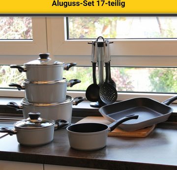Krüger Topf-Set, Aluminiumguss (Set, 17-tlg., Fleischtopf 16/18/20/24 cm, Stieltopf 16 cm, Steakpfanne), inkl. 7-tlg. Küchenhelfer-Set