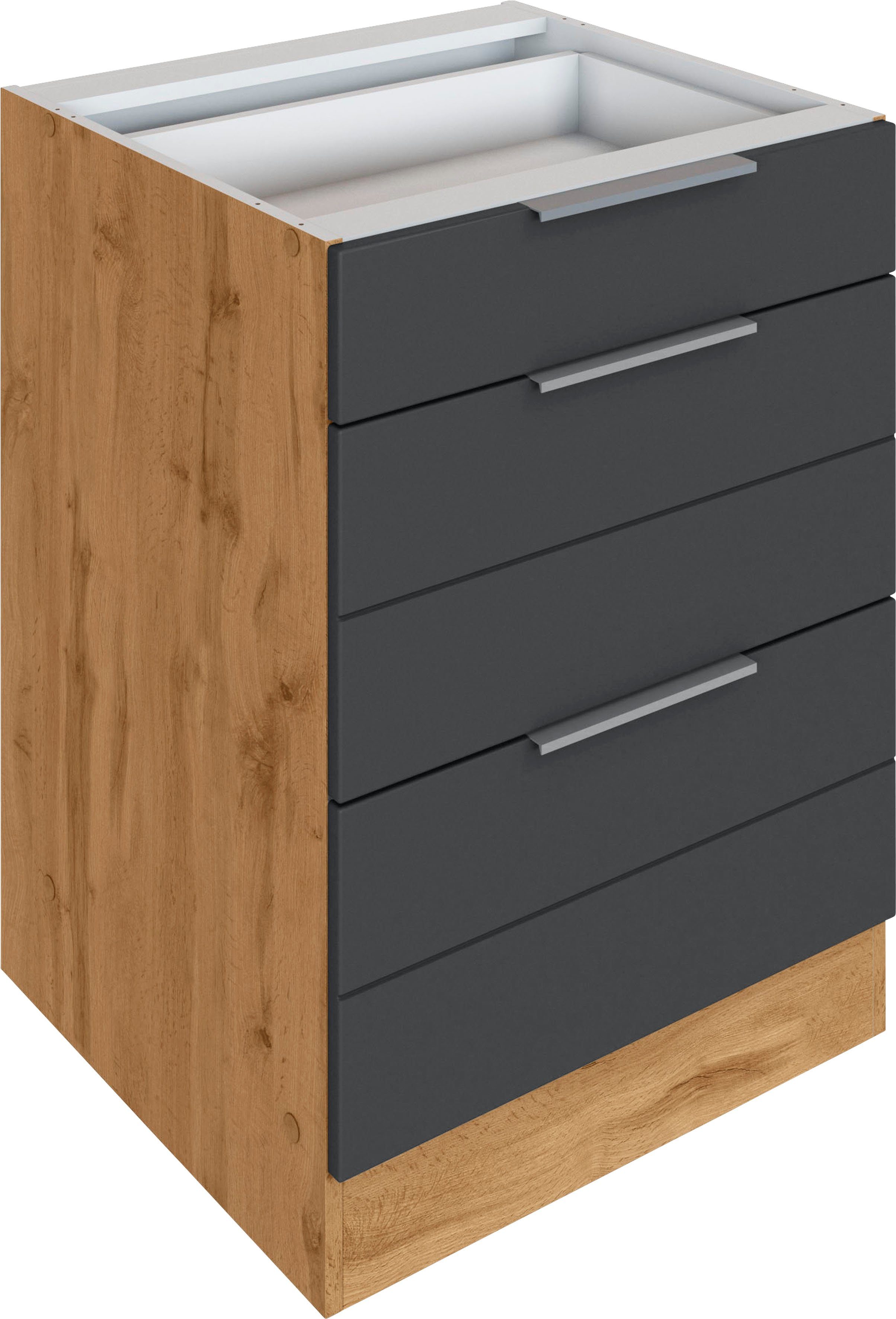 HELD MÖBEL Auszugsunterschrank Luhe 60 cm breit, hochwertige MDF-Fronten mit waagerechter Lisene grau Matt/wotaneichefarben | wotaneiche | Unterschränke