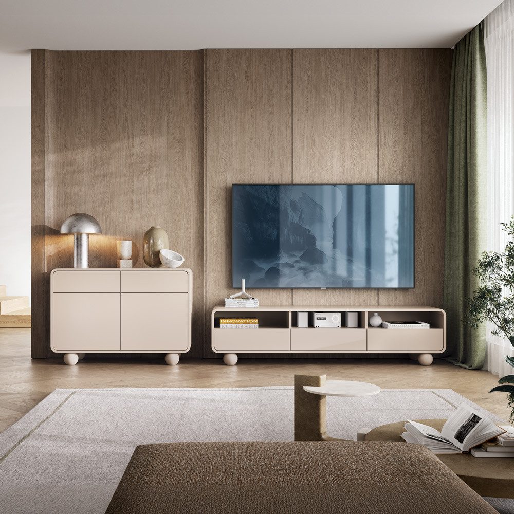 Lomadox Wohnwand ALBINIA-160, (2-St., Kommode Lowboard), Kaschmir Wohnmöbel mit Kugelfüßen, minimalistisch, grifflos, modern