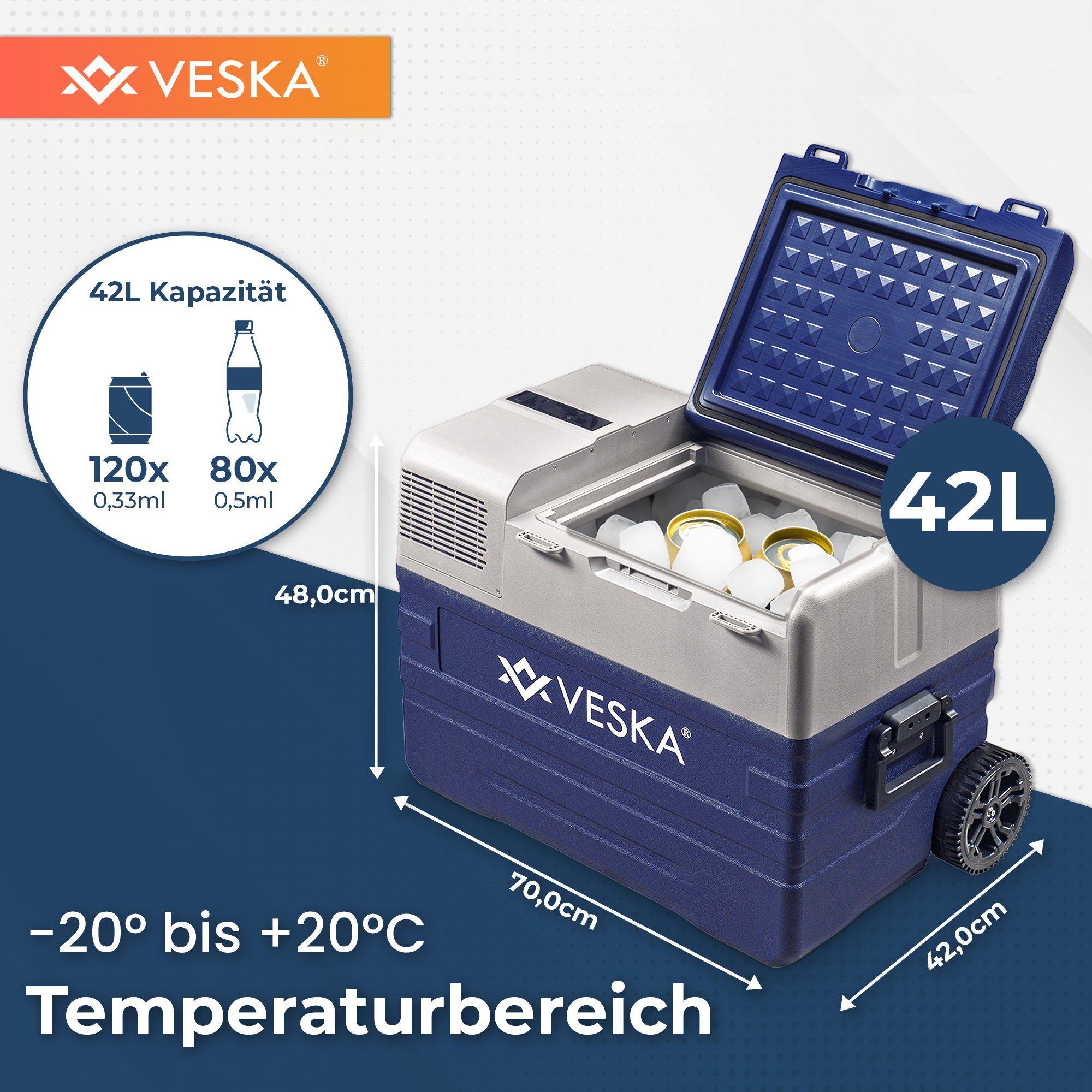 VESKA Elektrische Kühlbox Kompressor Gefriertruhe mobiler Kühlschrank, Kühltruhe, Gefrierbox, 12V/24V, 230V, für Auto, Lkw, Boot, Wohnwagen, Camping – Bild 4 von 5