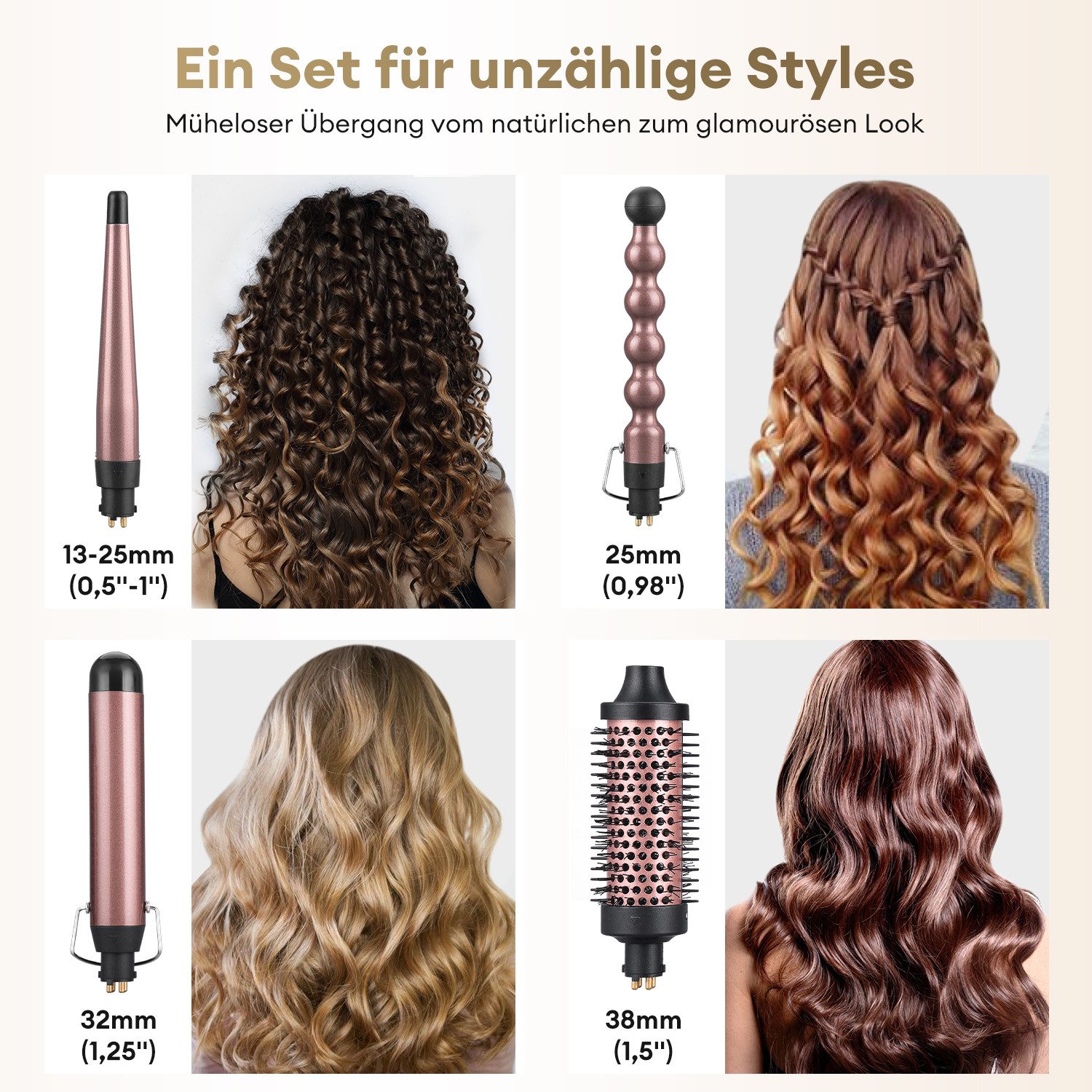 CkeyiN Lockenstab Set 4-in-1 Multihaarstyler mit Thermal Brush Keramik 32mm Lockenstab, Keramik-Beschichtung, 140-200℃ mit LED-Anzeige negativen Ionen Curling Iron Große Locken