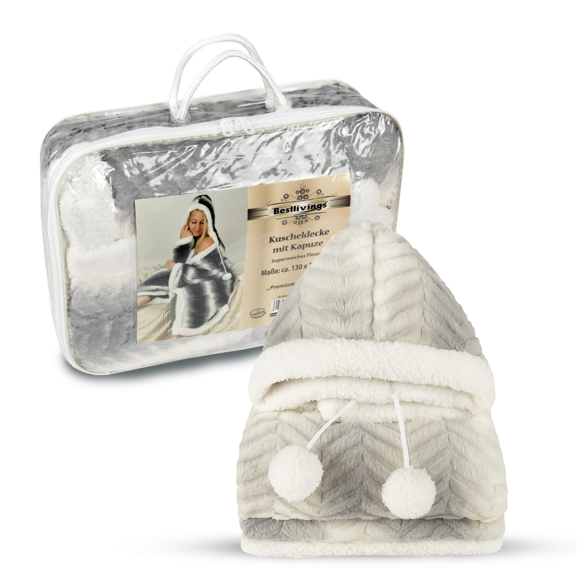 Wohndecke Flanelldecke Sherpaleece, Bestlivings, Kuscheldecke mit Kapuze 130 x 180 cm, TV-Decke, Flauschdecke