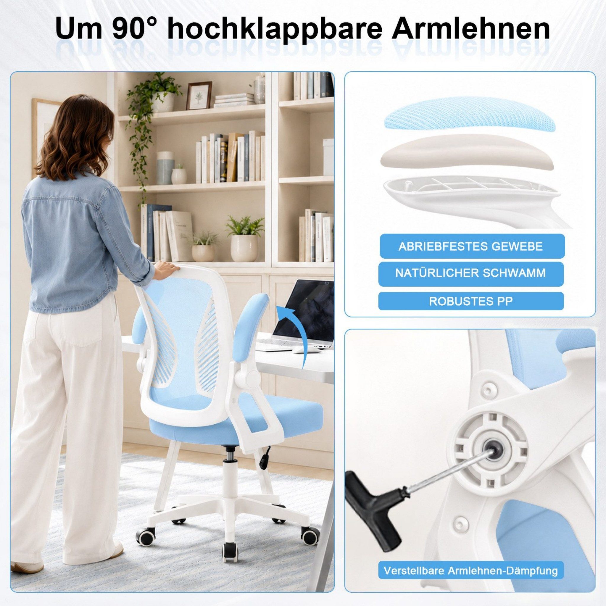 Milacyee Bürostuhl Ergonomischer Bürostuhl mit 90° klappbaren, gepolsterten Armlehnen (Höhenverstellbarer Atmungsaktiv Chefsessel mit geräuscharmen Rollen,Drehs – Bild 5 von 5