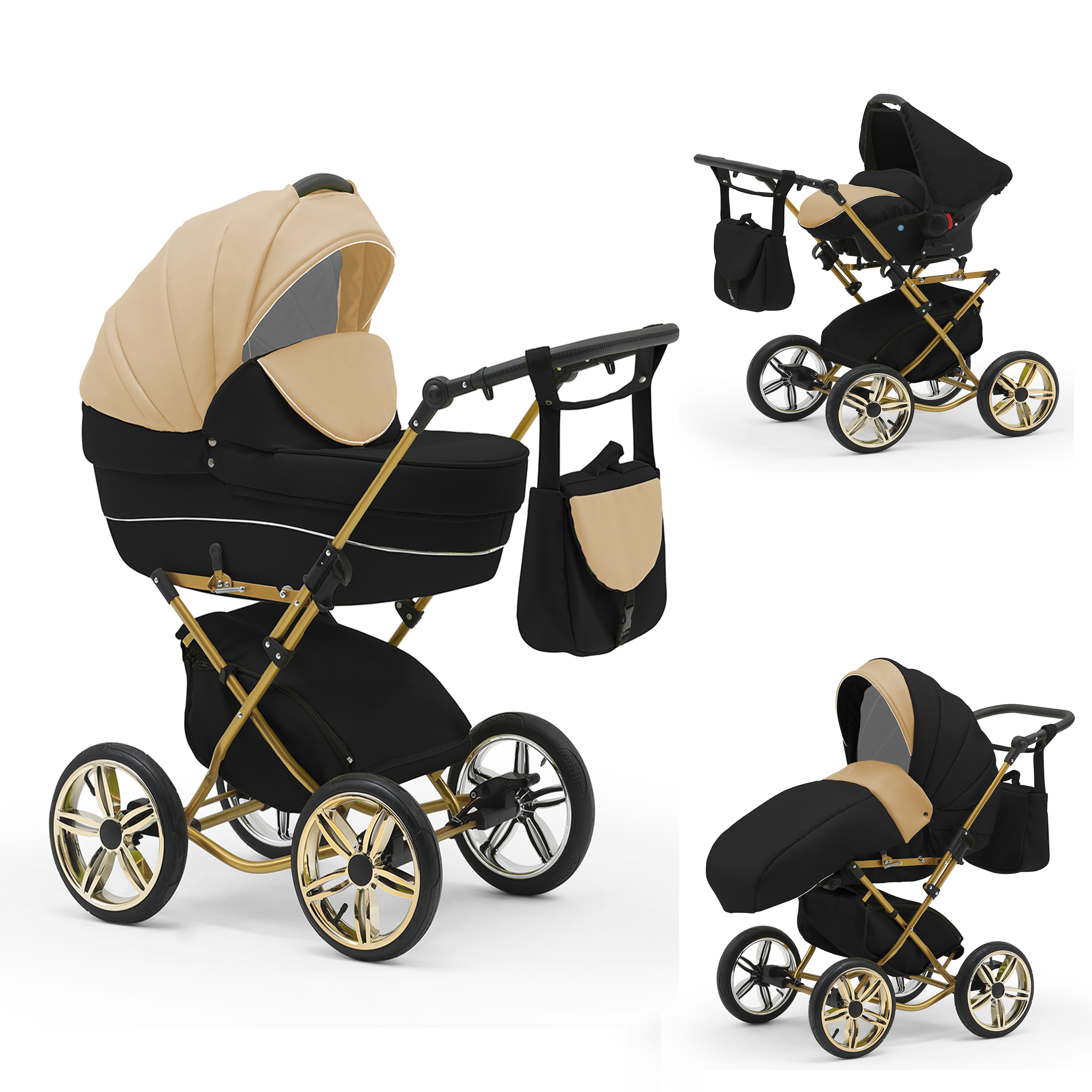 babies-on-wheels Kombi-Kinderwagen Sorento 3 in 1 inkl. Autositz - 13 Teile - in 10 Designs Beige-Schwarz