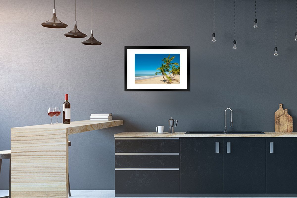 MuchoWow Poster Strand - Meer - Palme, (1 St), mit Rahmen, Kunstdruck, Gerahmtes Poster, Schwarzem Bilderrahmen