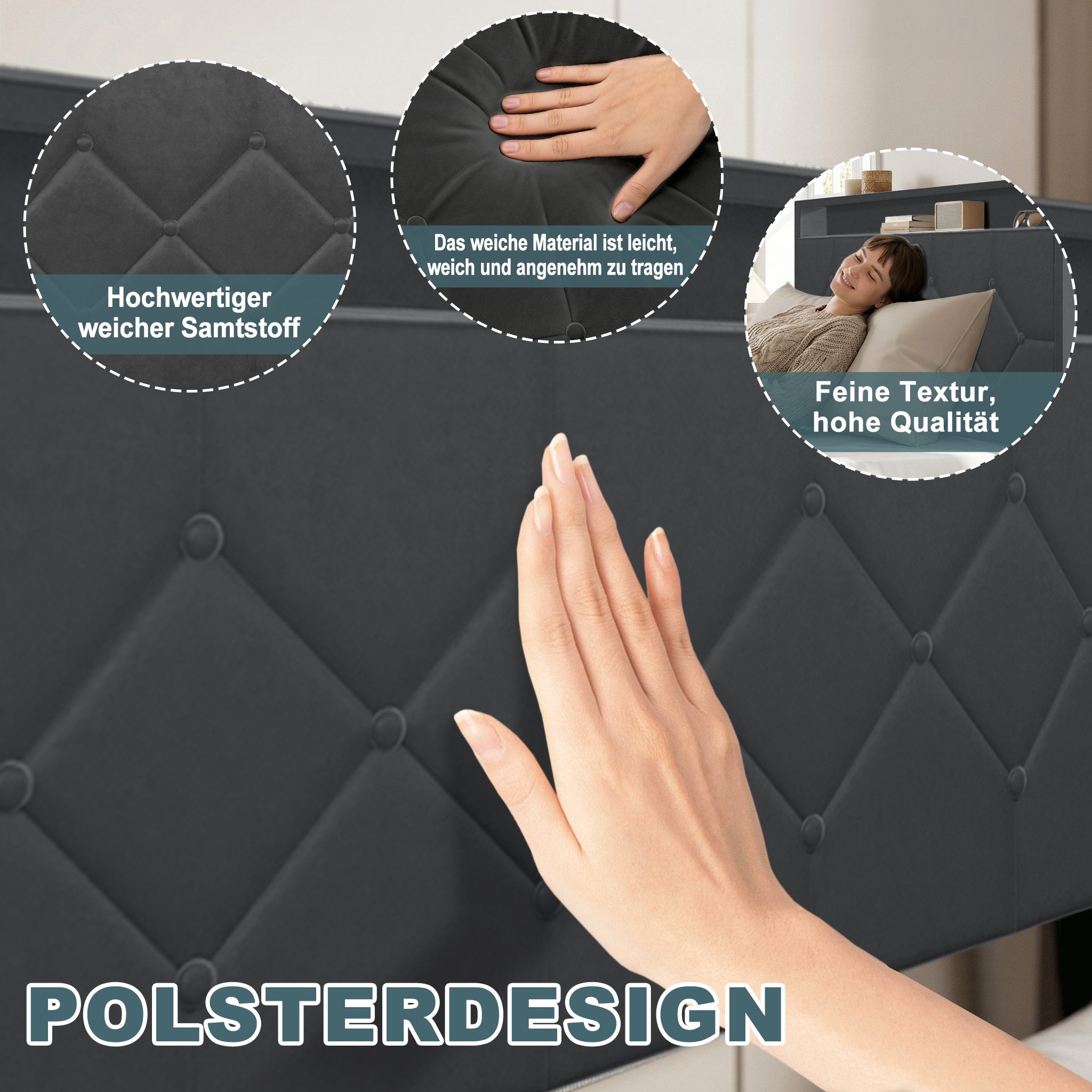 FIVMEN Polsterbett Bettgestell Samtstoff mit Stauraum und Schubladen mit Lattenrost (Mit Schubladen), für Erwachsene & Jugendliche, ohne Matratze