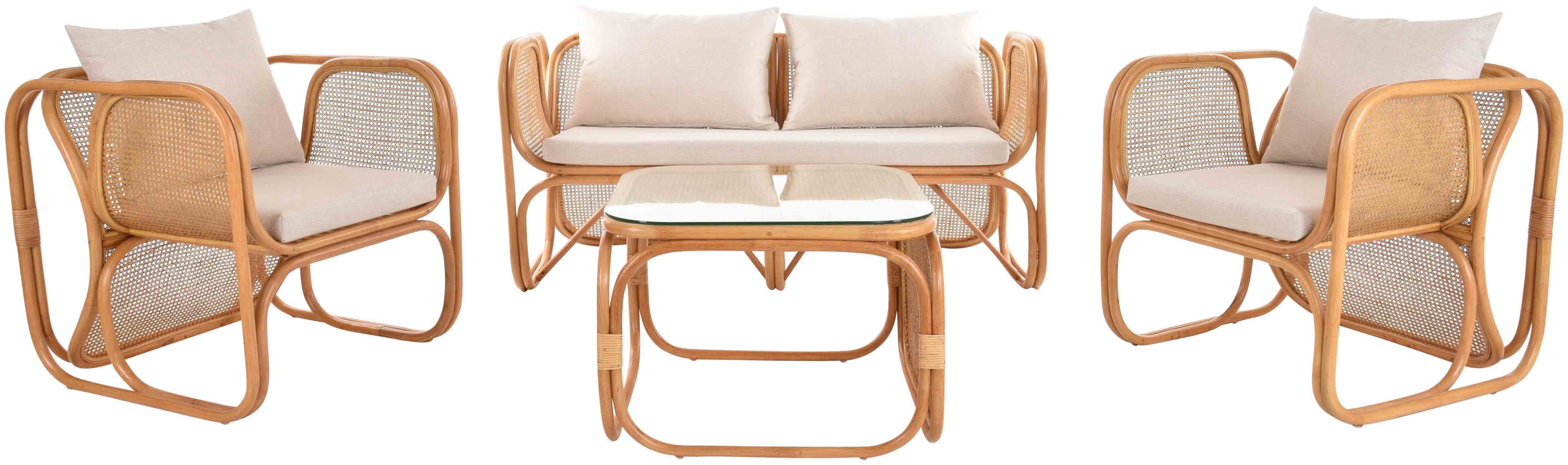 Krines Home Sitzgruppe Rattan Loungegruppe Wiener Geflecht 50er Jahre Garnitur für 4 Personen, (4-tlg., 2x Sessel, 1x Zweisitzersofa, 1x Tisch), Garnitur, Tisch mit Glasplatte