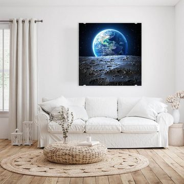 Primedeco Glasbild Wandbild Quadratisch Blaue Erde vom Mond aus mit Aufhängung, Weltall