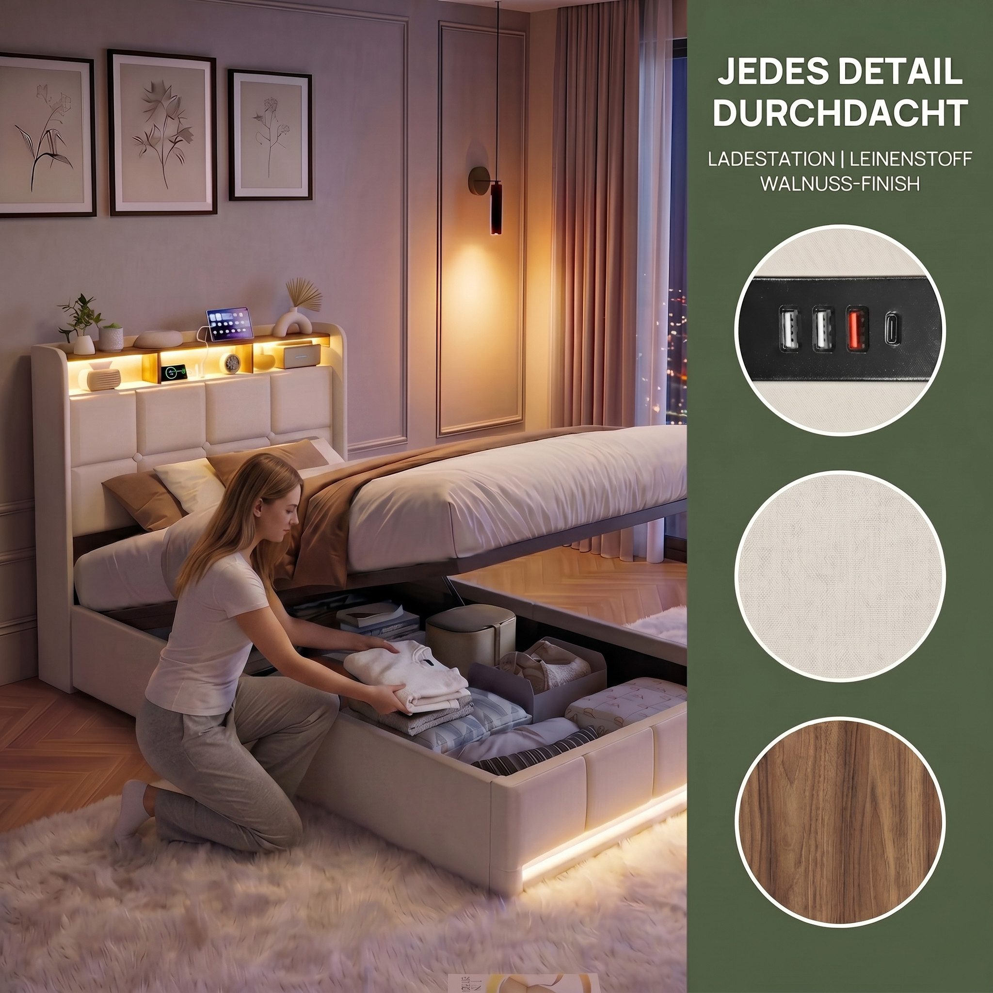 PXloue Polsterbett LED-Bett mit Stauraum und Ladeanschluss (Geeignet für Jugendliche und Erwachsene), Hydraulisches Stauraumbett, Bettkasten, Leinen