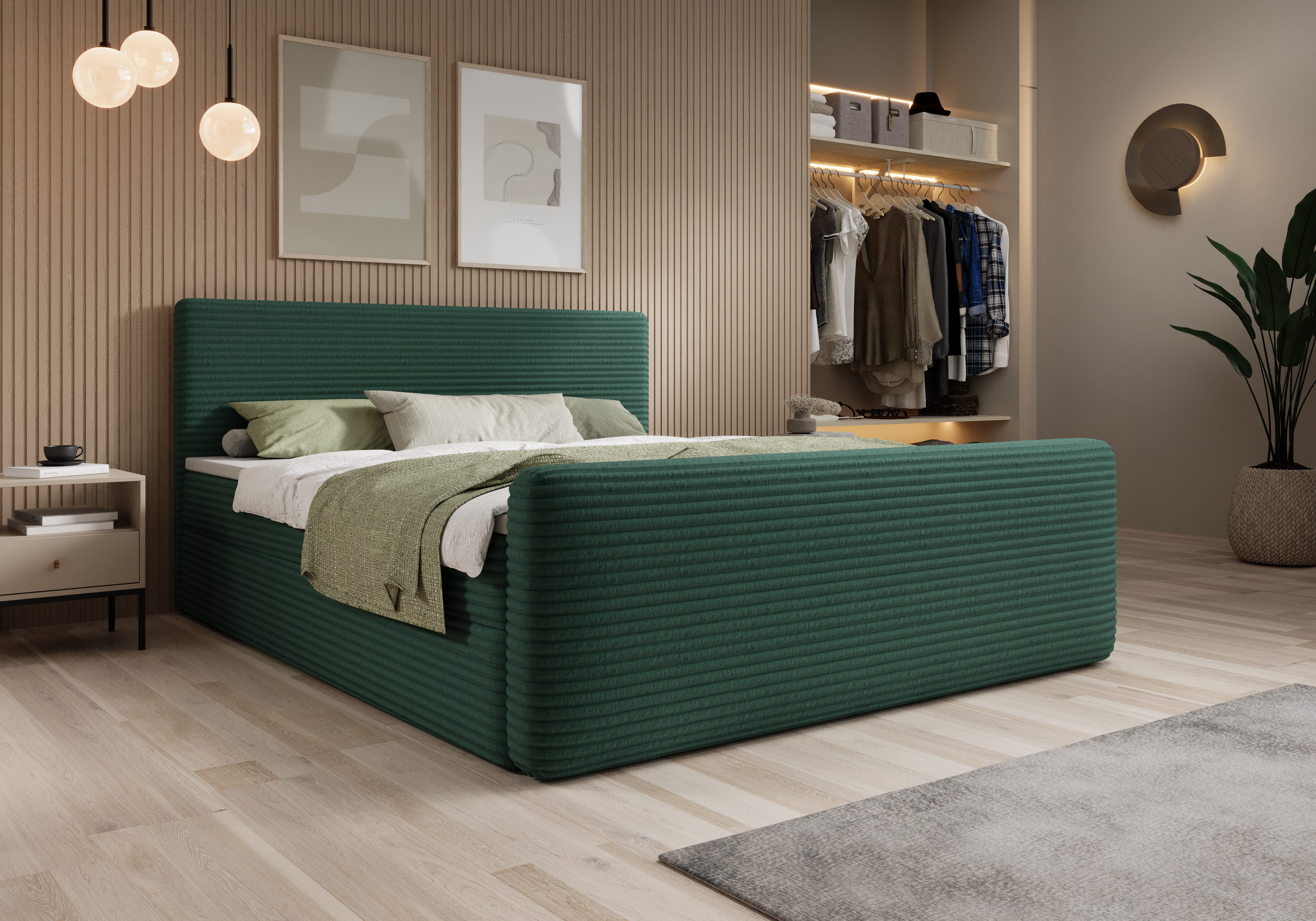 thematys Boxspringbett Cord mit Bettkasten 140x200–200x200 cm – Luxus Boxbett (Polsterbett Bonnellfederkern Matratze H3 + Gratis 3cm Topper, Doppelbett mit Stauraum)