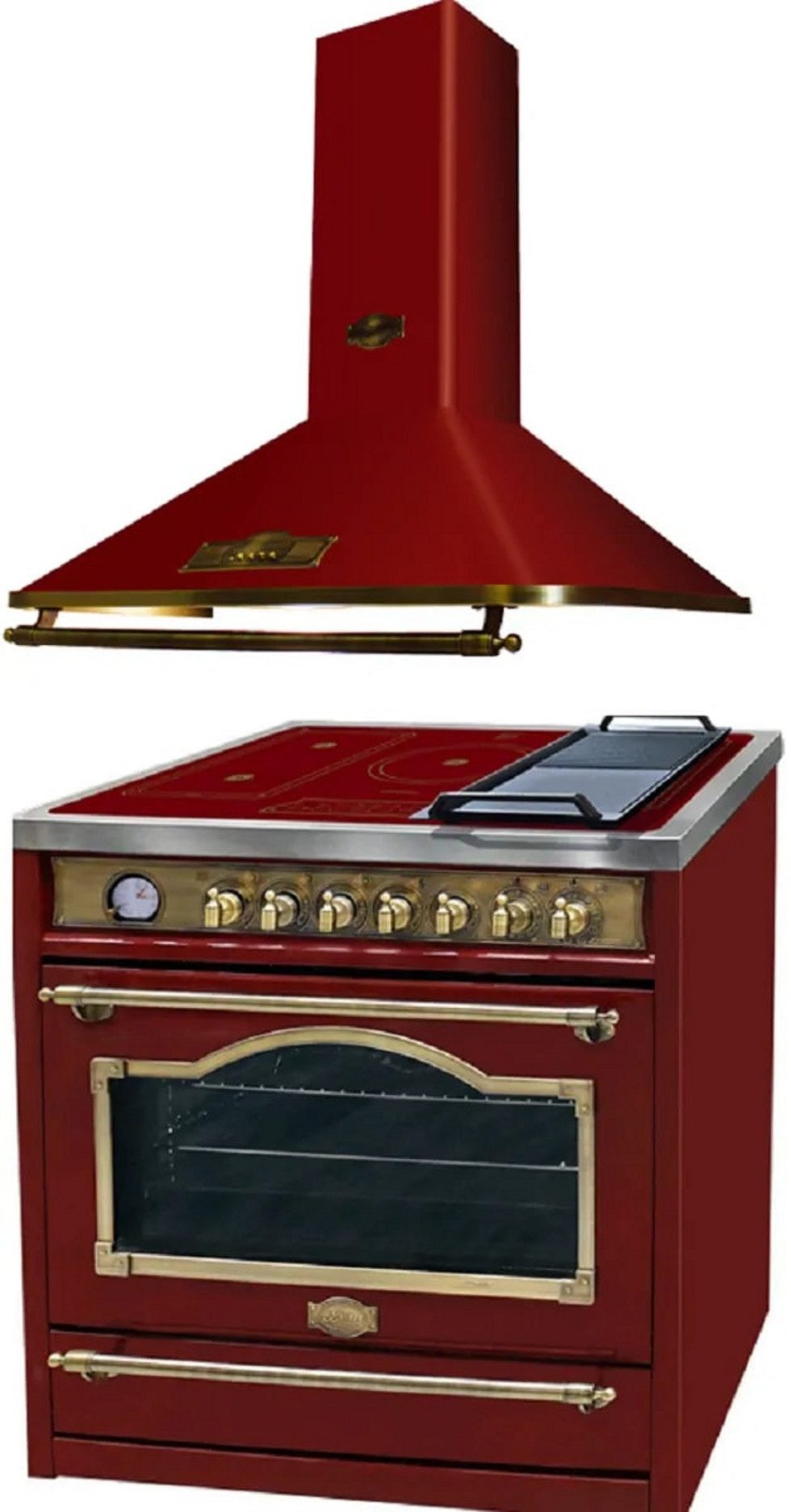 Kaiser Küchengeräte Induktions-Standherd Elektroherd mit Induktionskochfeld, 90 cm, Farbe Bordeaux mit Dunstabzugshaube 90 cm, 910 m³/h, Abluft Umluft HC 93655 IRotEm+A 9315 RotEm ECO..., mit 1-fach-Teleskopauszug