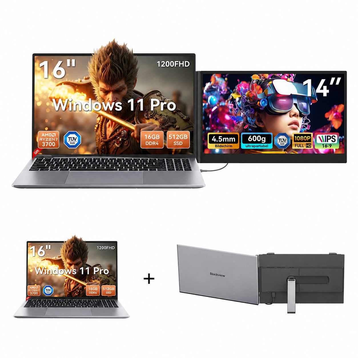 blackview 16" FHD Laptop AMD Ryzen 7 16 GB+512 GB Windows 11 Pro augenschonend Notebook (AMD AMD Ryzen 7 AMD Ryzen 7 3700U, AMD Ryzen 7 3700U, 16 GB, 512 GB SSD, TÜV-Augenschutz. Ultraleicht (1,65 kg / 17,4 mm). Windows 11 Pro)