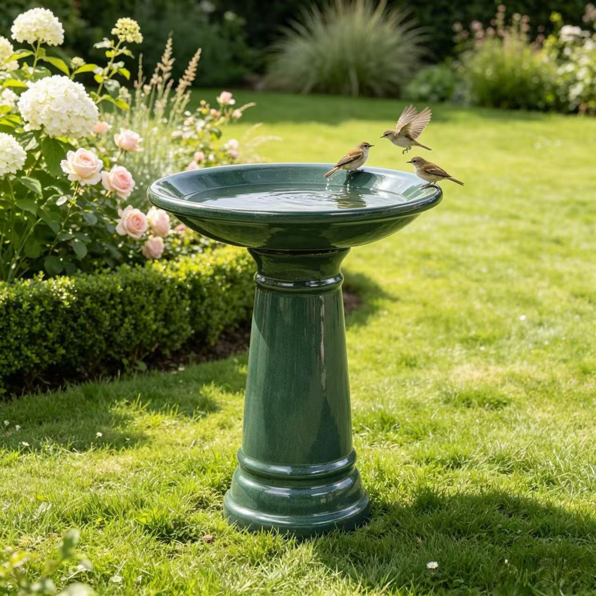 Blossom Vogeltränke Keramik Vogelbad Ø31,5 cm handgefertigt, frostfest für Garten & Balkon, Vogeltränke mit Hochglanzglasur, wetterfest, Höhe 38 cm
