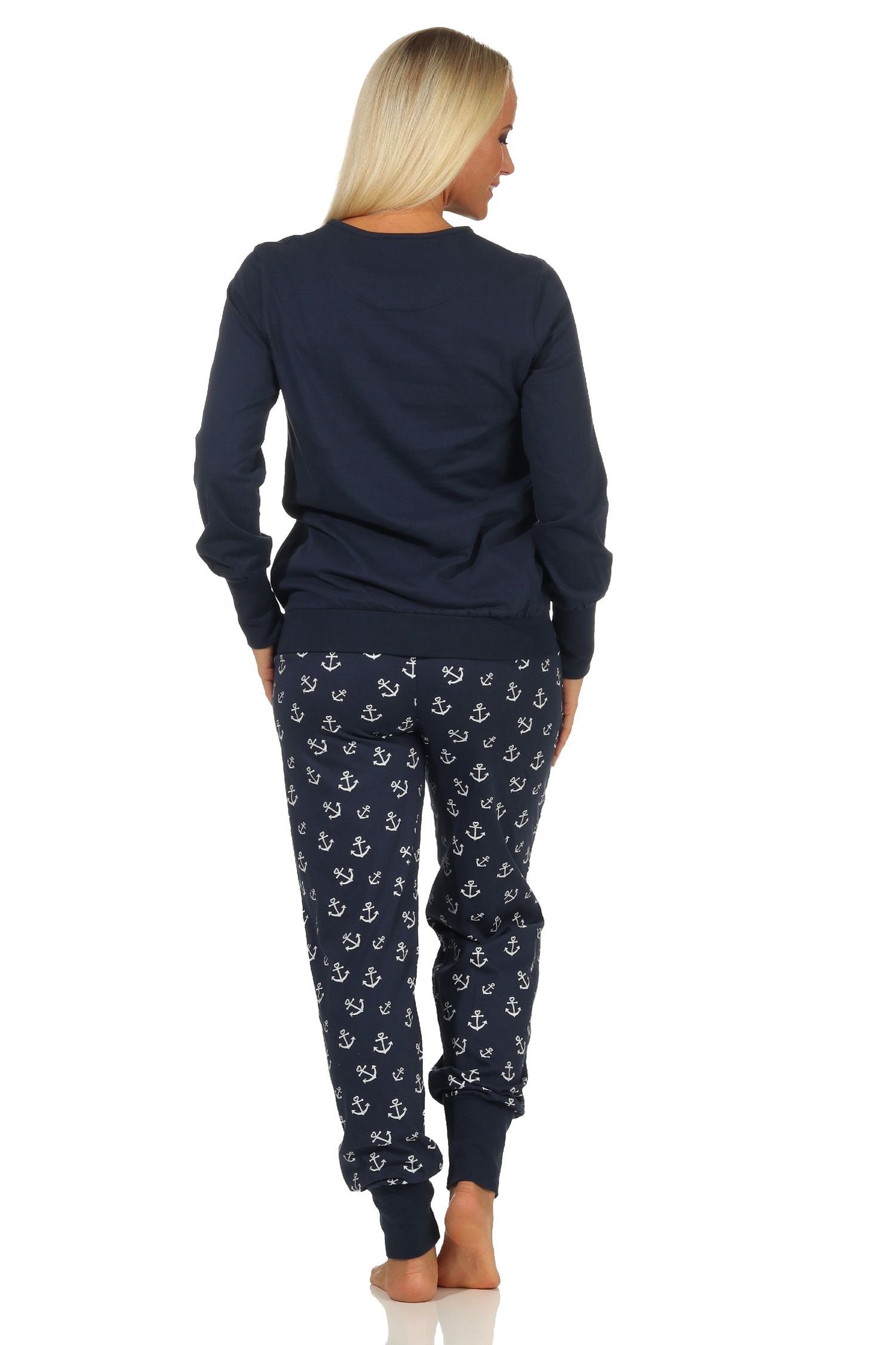 Normann Damen Motiv als Anker Schlafanzug marine Optik mit maritimer in mit Pyjama Bündchen