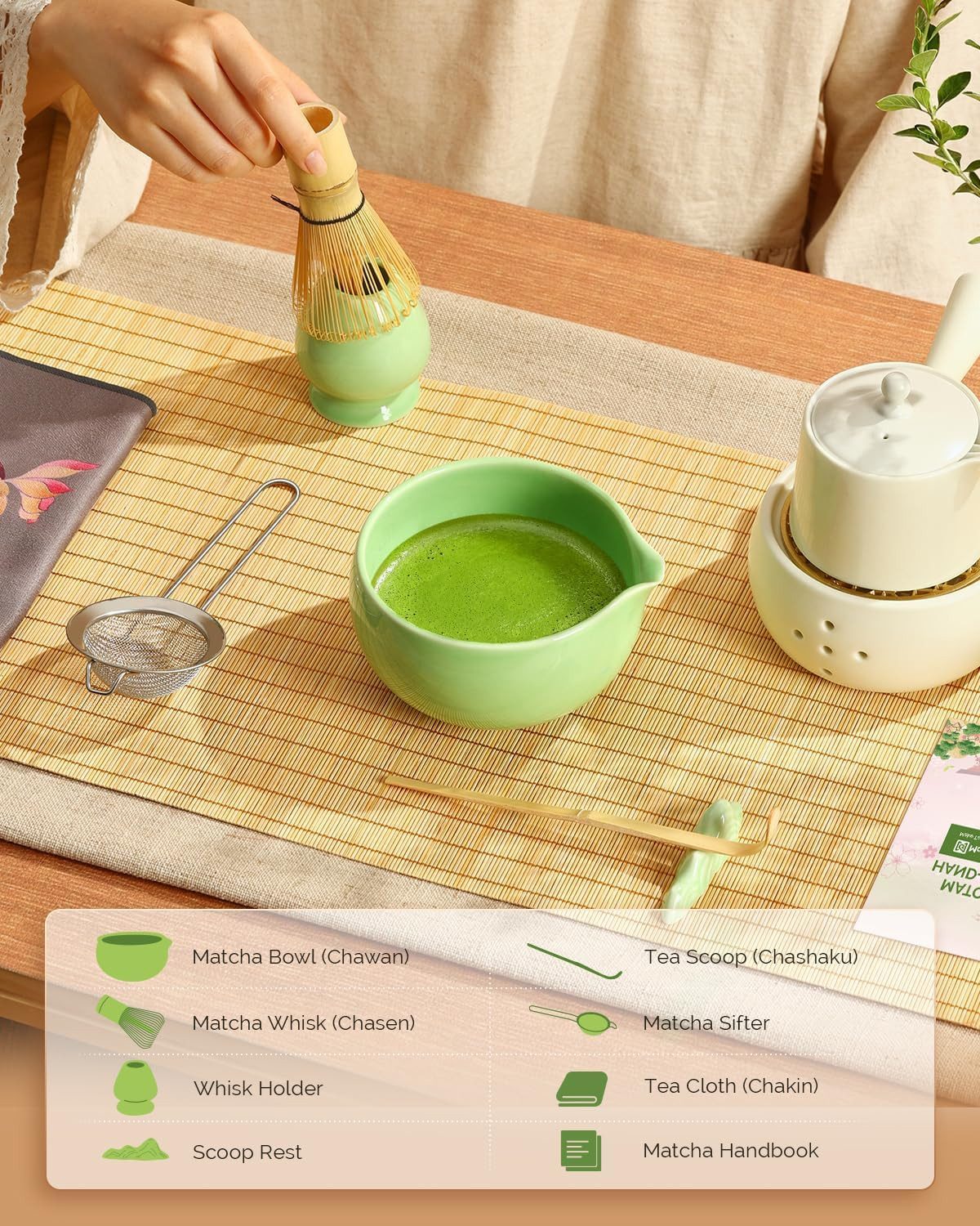 Maestri House Teeservice Matcha Besen Set Geschenkset 7-Teilig Japanisches Matcha Zubehör Set, Bambus, mit Ausgießer-Schale, Bambus Chasen & Halter