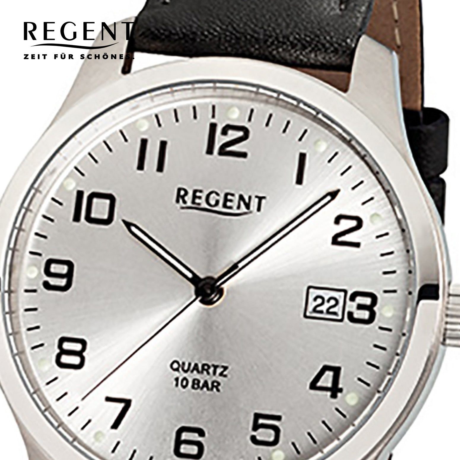 Regent Quarzuhr Regent schwarz (ca. rund, Armbanduhr Lederarmband Herren 37mm), Herren-Armbanduhr Analog, mittel