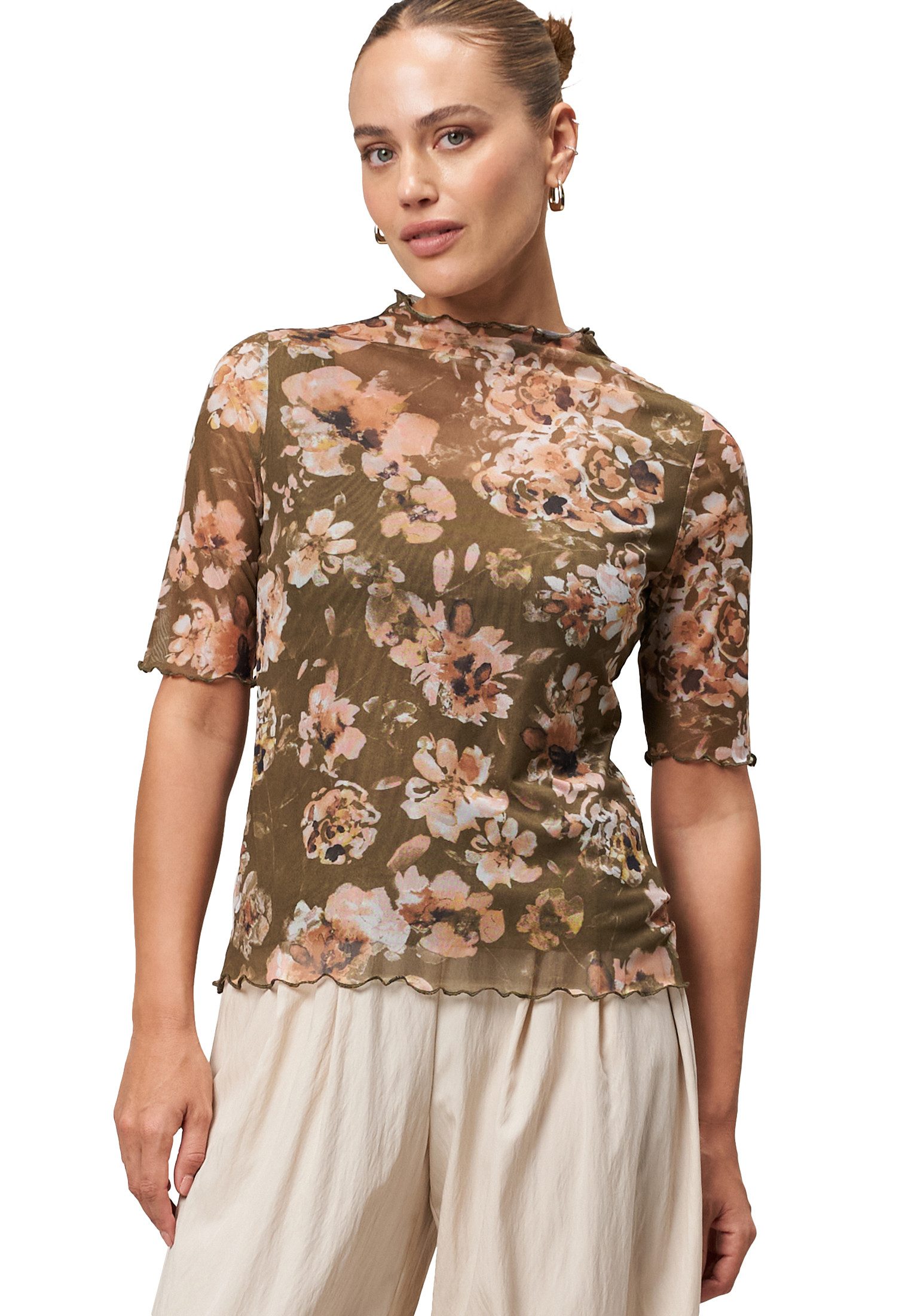 Zero Kurzarmshirt Damen Mesh-Blumen-Shirt mit hohem Kragen (1-tlg) Rüschen günstig online kaufen