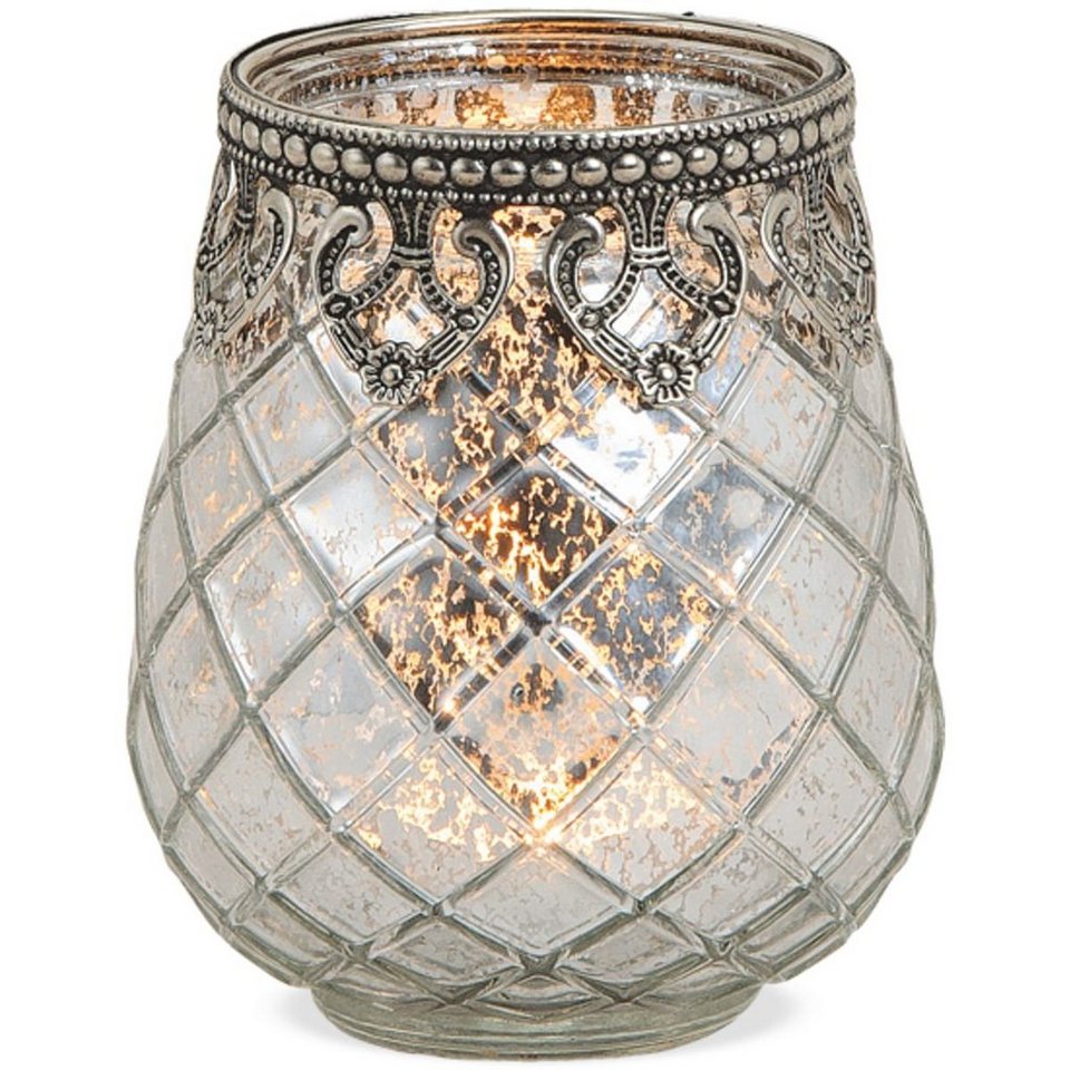 matches21 HOME & HOBBY Kerzenständer Windlicht Glas & Metall – in 3 Größen,  Farbe: silber-antik - auch in gold-antik erhältlich