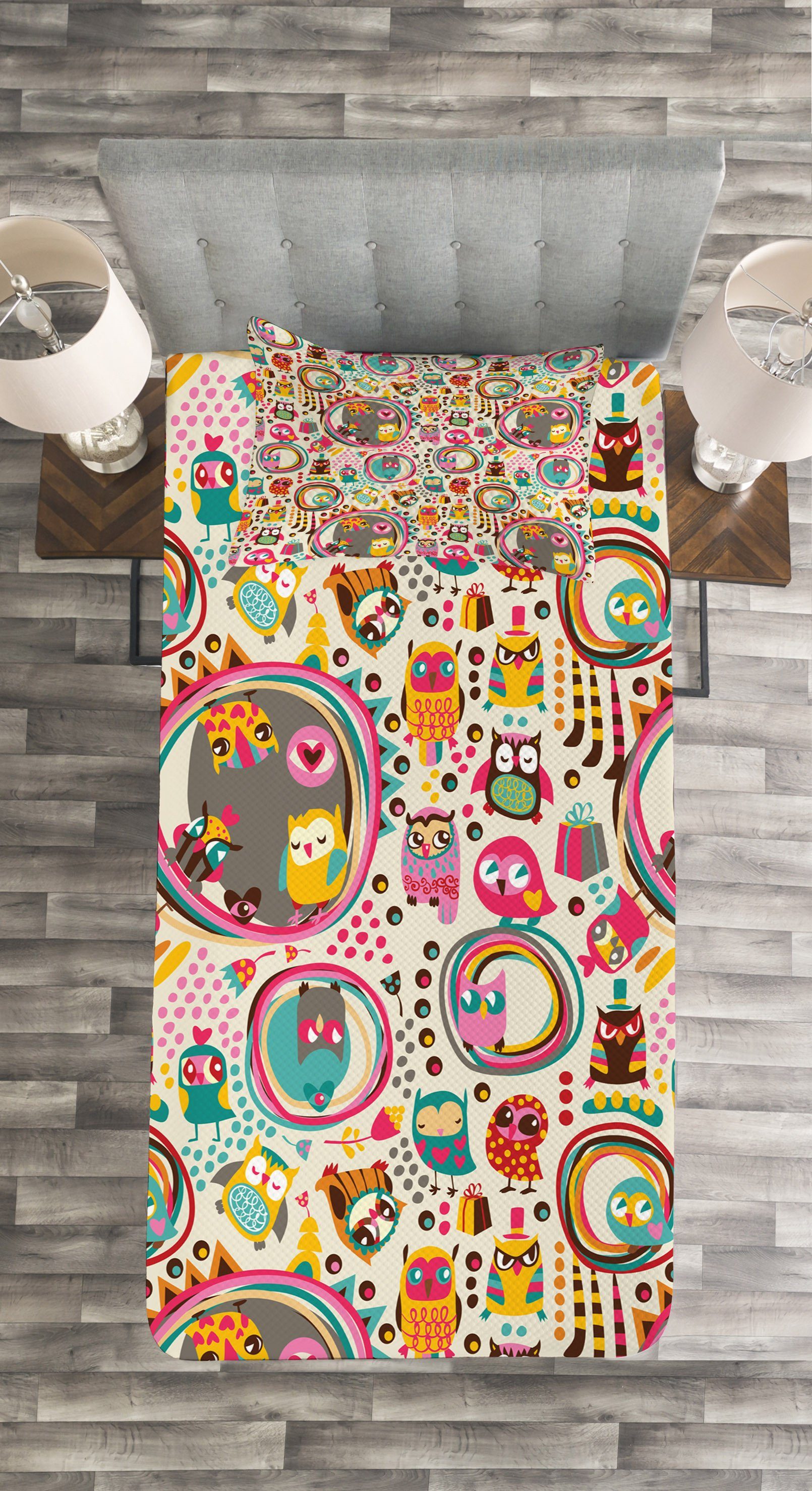 Eule Tiere Tagesdecke Kissenbezügen Set Waschbar, mit Cartoon Abakuhaus, Fliegende