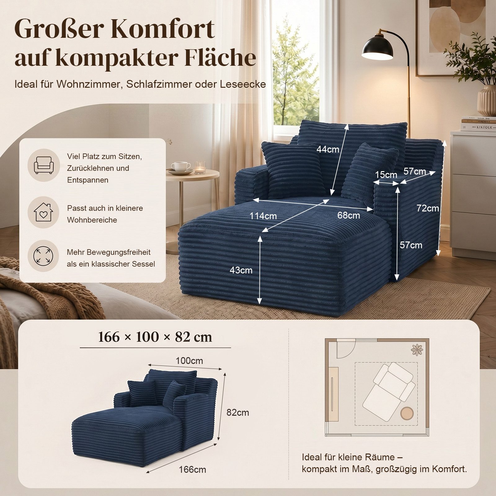 ANYSUN Loungesofa Modernes Chaiselongue-Sofa,Cord-Schlafsofa, 2 Kissen,Relaxsessel Cord, ohne Montage mit Taschenfederkern & Schaumstoffpolsterung,Loungesofa, L – Bild 2 von 5
