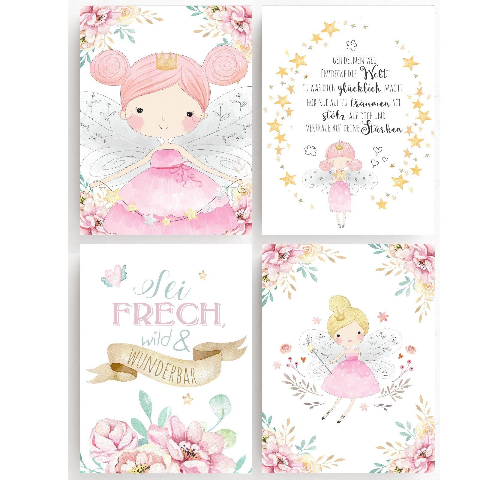 homestyle-accessoires Poster Bilderset Kinderbilder Bilder FEEN ELFEN - WUNDERBAR 4er, - Ohne Bilderrahmen - sorgfältige & sichere Verpackung