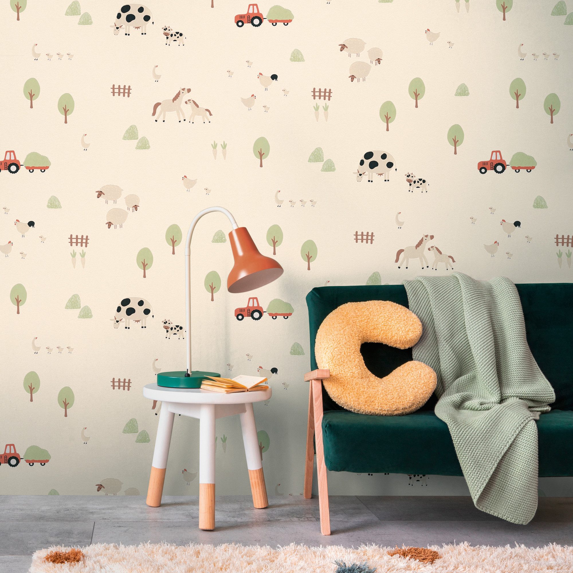 living walls Vliestapete Kids Studio Bauernhof – Tier Vliestapete für Kinder, glatt, naturalistisch, grafisch, Motiv, Bauernhoftiere mit Kühen, Pferden, Schafen und Traktor