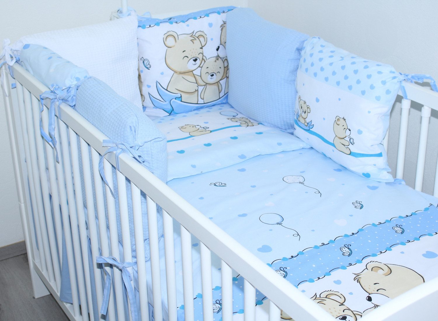 Primawela Babybettwäsche Bettwäsche Waffelpiqué Baby Bettset Kissen -Nestchen Vollstoff Himmel, 5 teilig