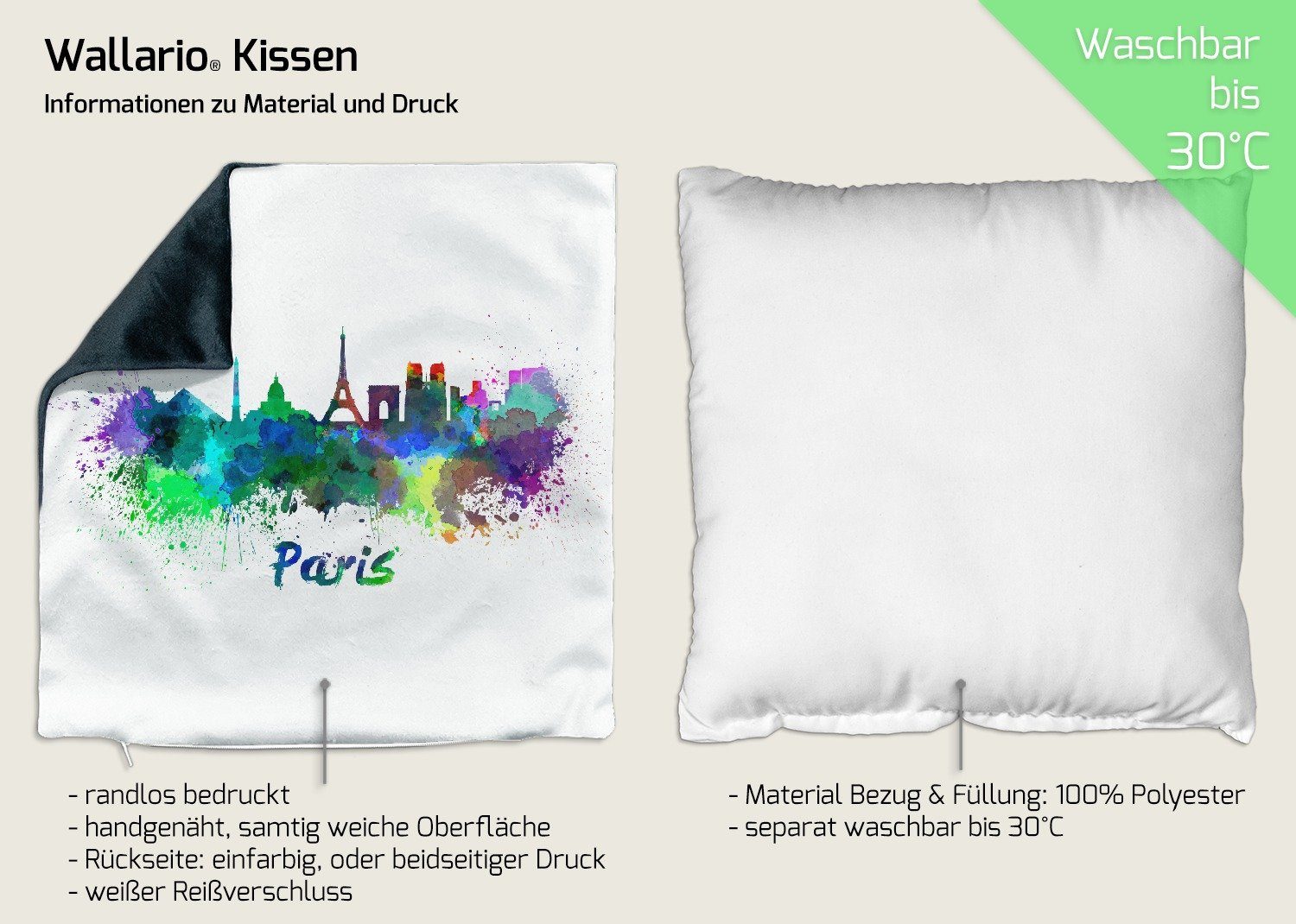 Wallario Dekokissen Städte handgenäht von Paris, - als Aquarell Skyline