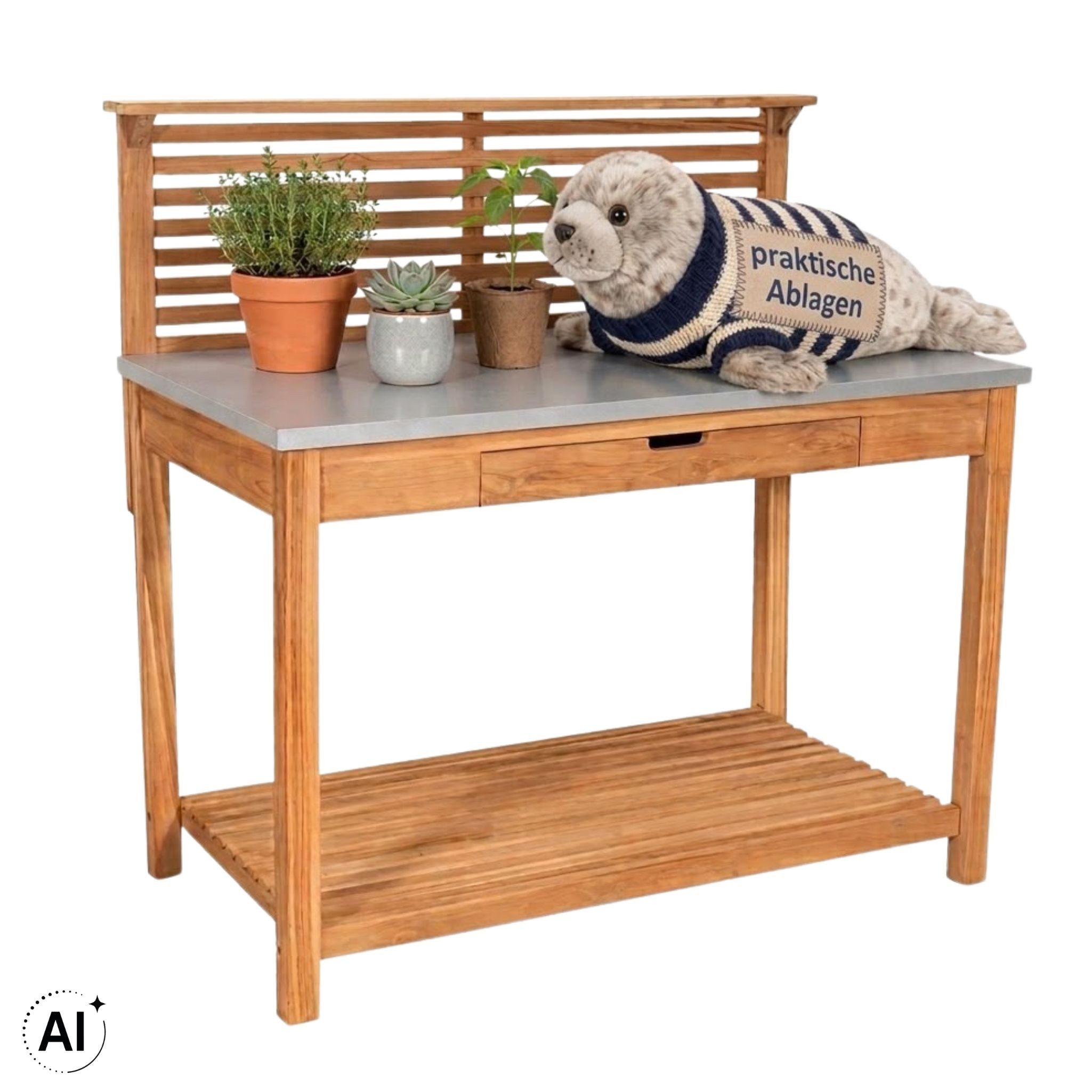 MR.DEKO Pflanztisch Hampton Teak 115 cm Gärtnertisch mit Schublade Garten Arbeitstisch (1-St)