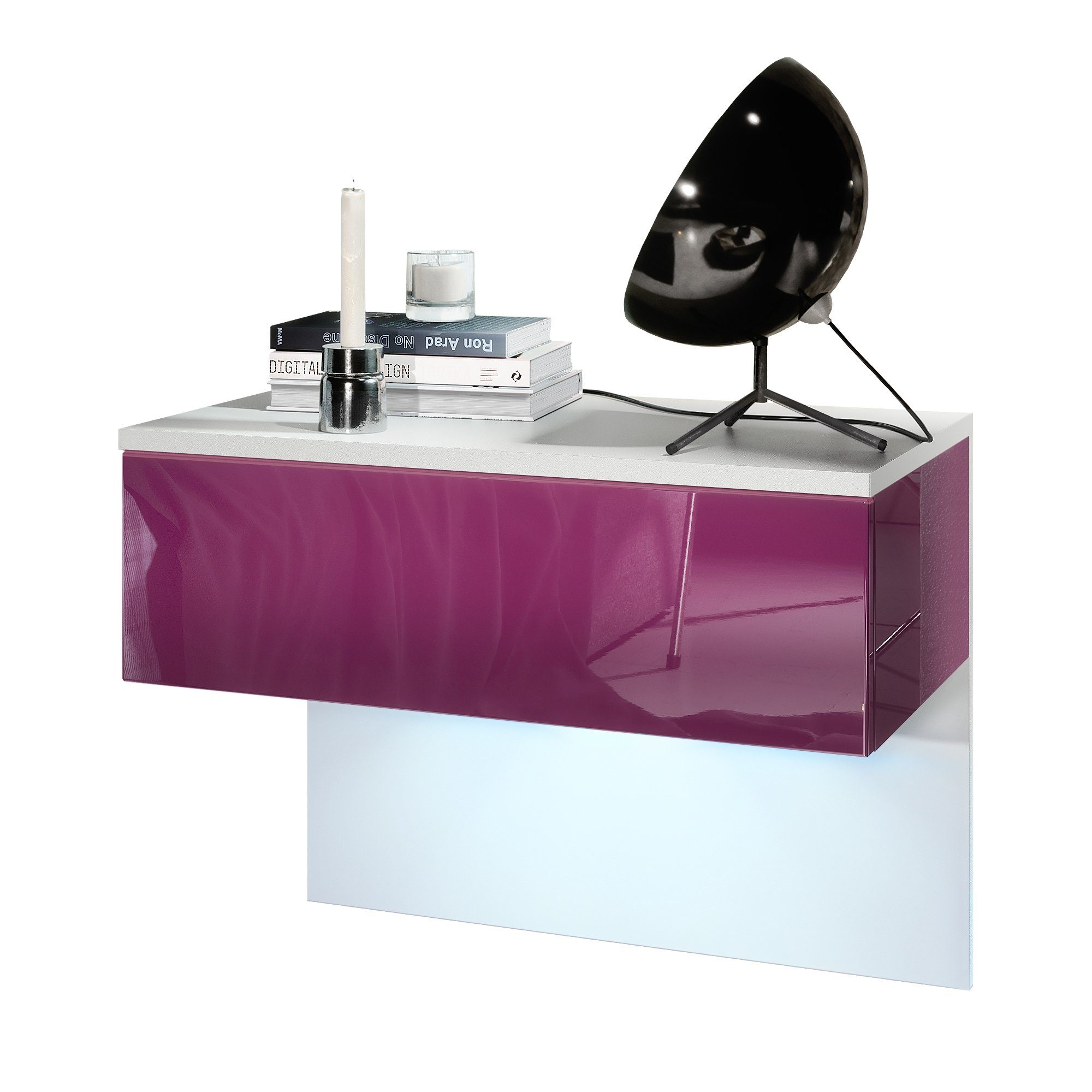 Vladon Nachttisch Sleep (Nachttischschrank, mit Schublade zur Wandmontage), Weiß matt/Brombeer Hochglanz, inkl. LED-Beleuchtung (60 x 46 x 35 cm)