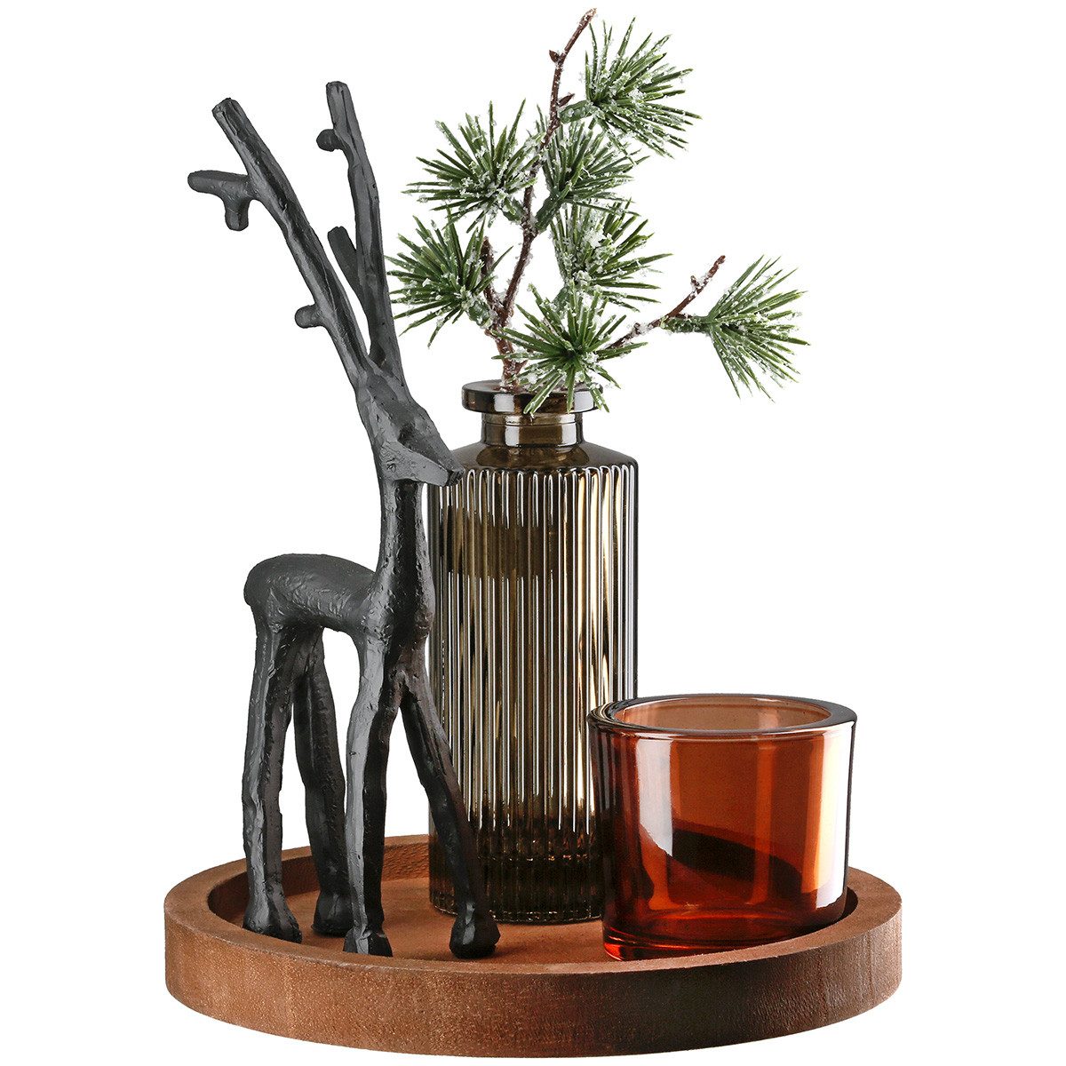 MF Teelichthalter mit Tablett Deko Ensemble Black Deer Winterzauber rund Glas Hirsch Weihnachtsdeko (1 St)