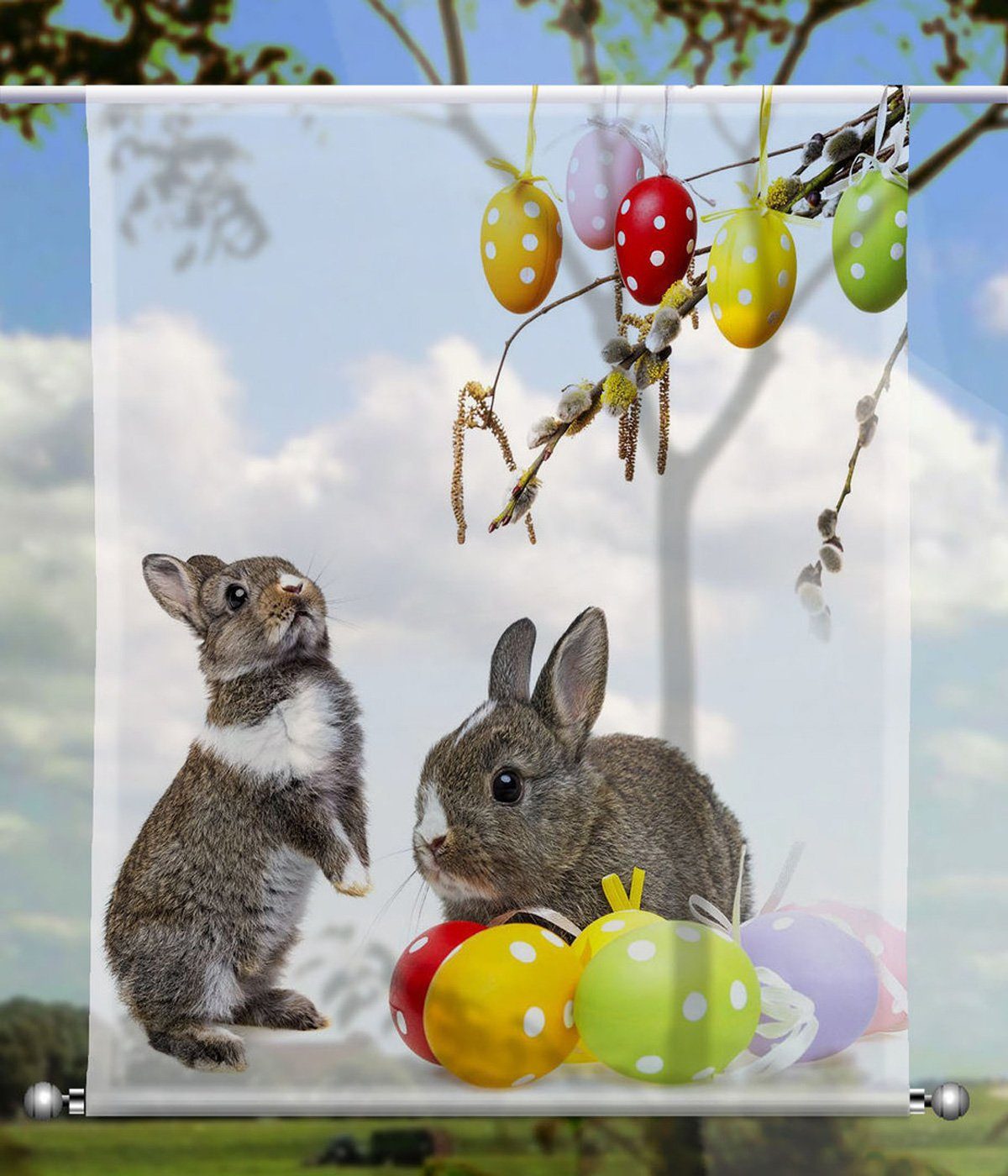 gardinen-for-life Scheibengardine Scheibenhänger Osterhasen - eckig mit Beschwerung