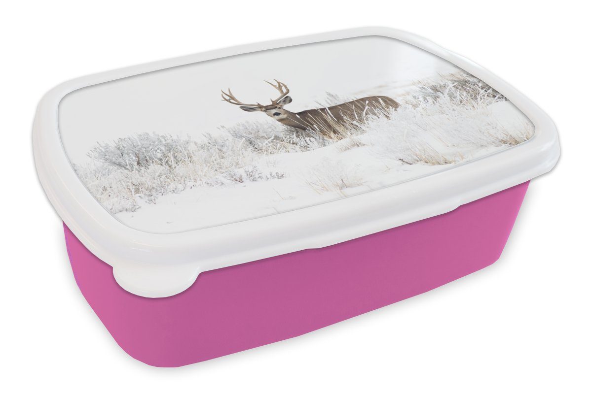 MuchoWow Lunchbox Hirsche - Winter - Schnee - Tiere - Jahreszeiten - Weiß, Kunststoff, (2-tlg), Brotbox für Erwachsene, Brotdose Kinder, Snackbox, Mädchen, Kunststoff rosa