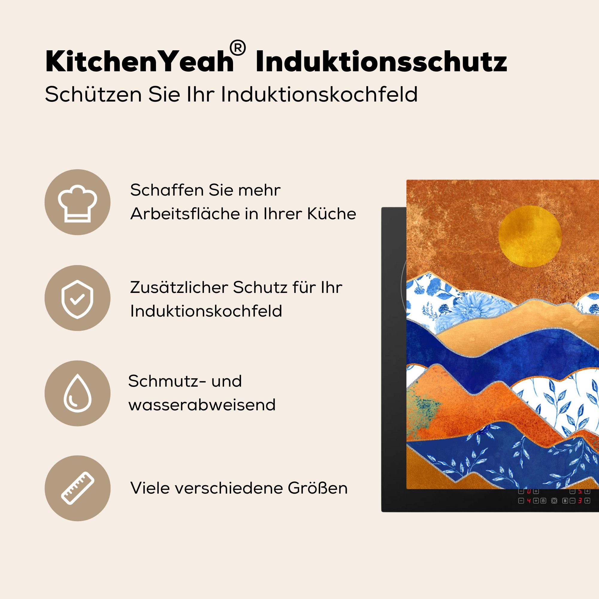 81x52 Muster, Blau - Induktionskochfeld Schutz küche, Herdblende-/Abdeckplatte (1 cm, tlg), Vinyl, MuchoWow für Delfter die Ceranfeldabdeckung Gold -